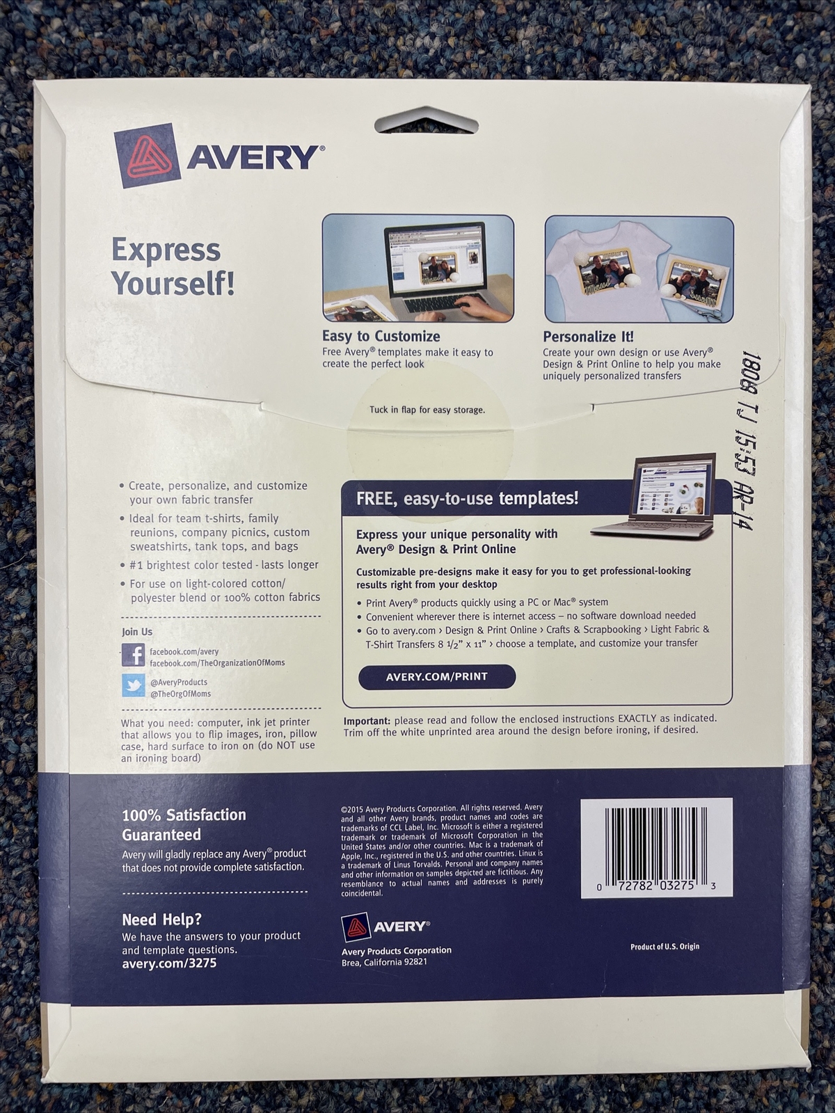 Avery Light Fabric Transfers for Inkjet Printers 8 1/2 x 11 White 12 Pack 3275