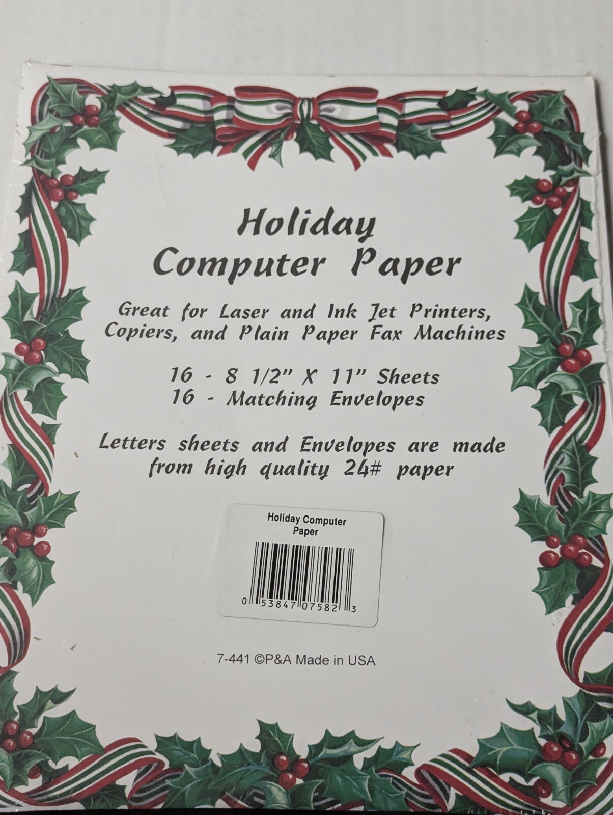One Pkg Holiday Holly&Ivy, Ribbon Border Christmas Computer Paper & Env–16 Ct.