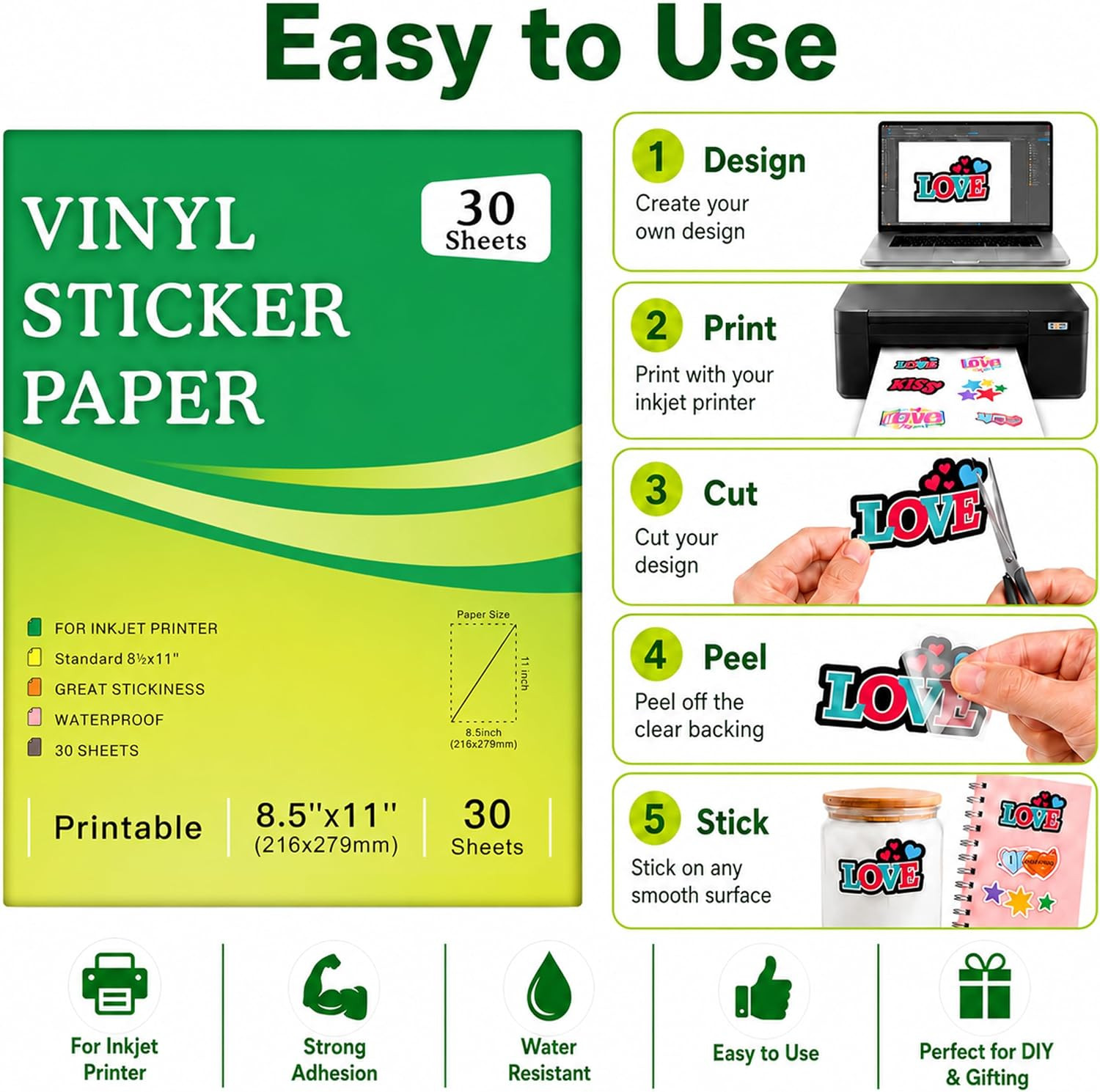 Aevdor Printable Clear Sticker Paper, 30 Sheets, 8.5X11, for Inkjet | Quick-Dryi