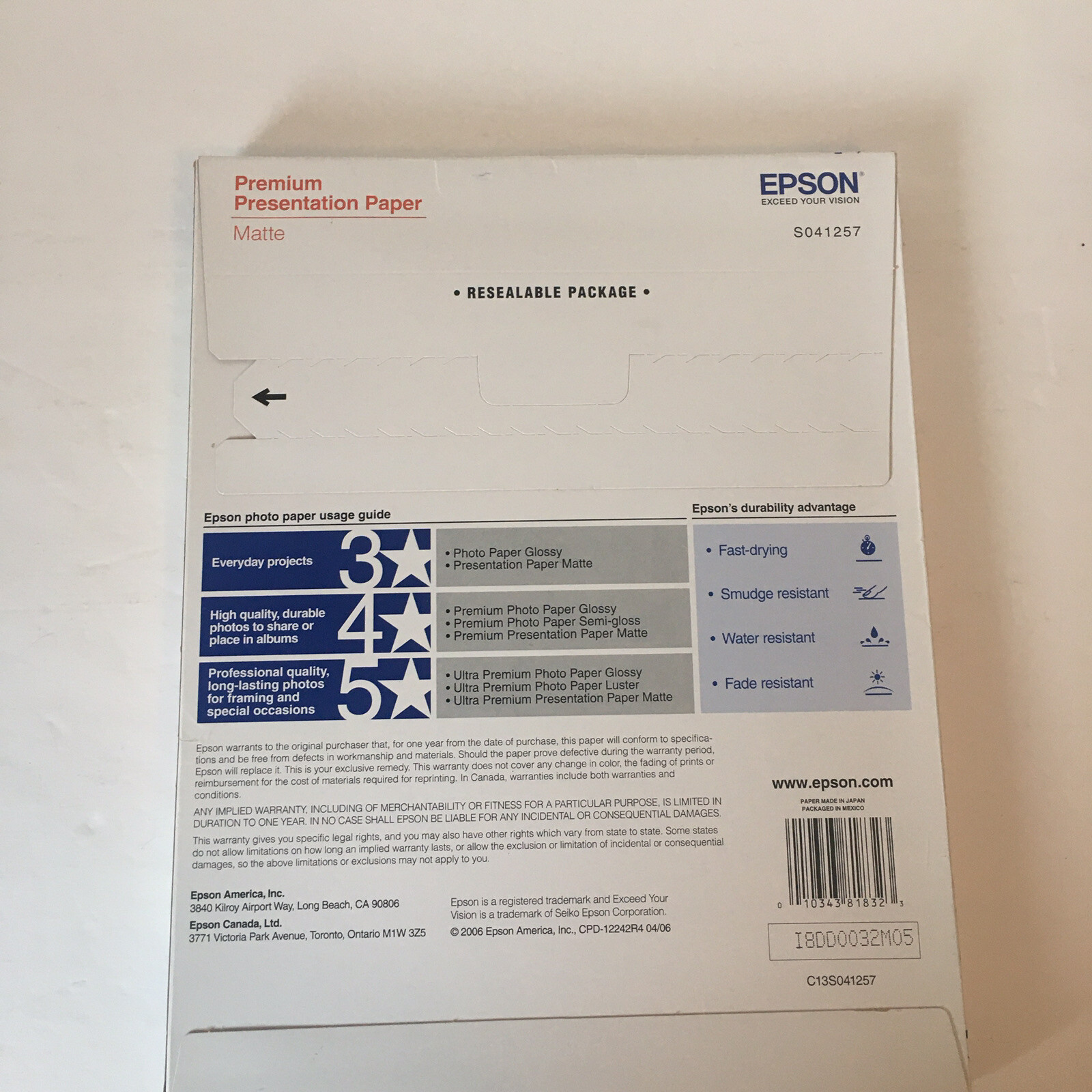 1 Package (50) EPSON S041257 Premium Presentation Paper Matte, 8.5×11