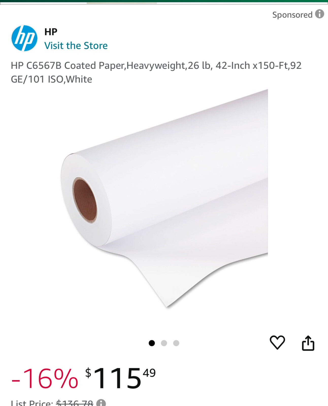 HP C6567B Coated Paper,Heavyweight,26 lb, 42-Inch x150-Ft,92 GE/101 ISO,White