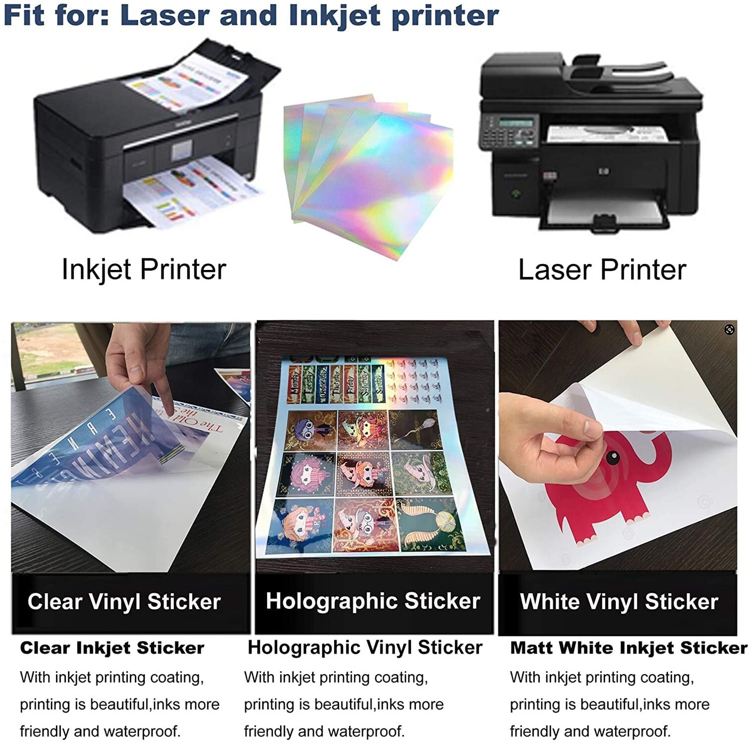 50 Sheets Holographic Printable Sticker Paper 8.5 x 11 inch Waterproof Sticke…