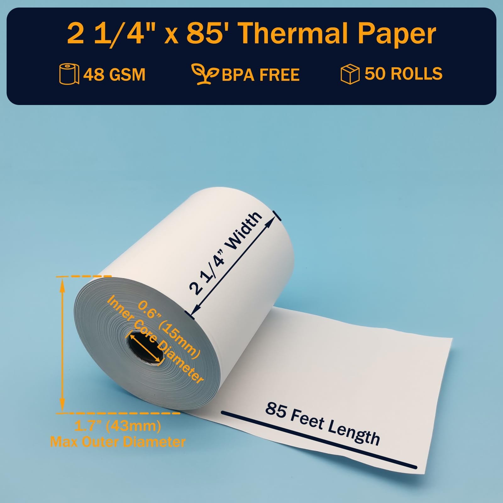 (50 Rolls) 2 1/4 x 85 Thermal Paper Rolls, BPA Free 50 white