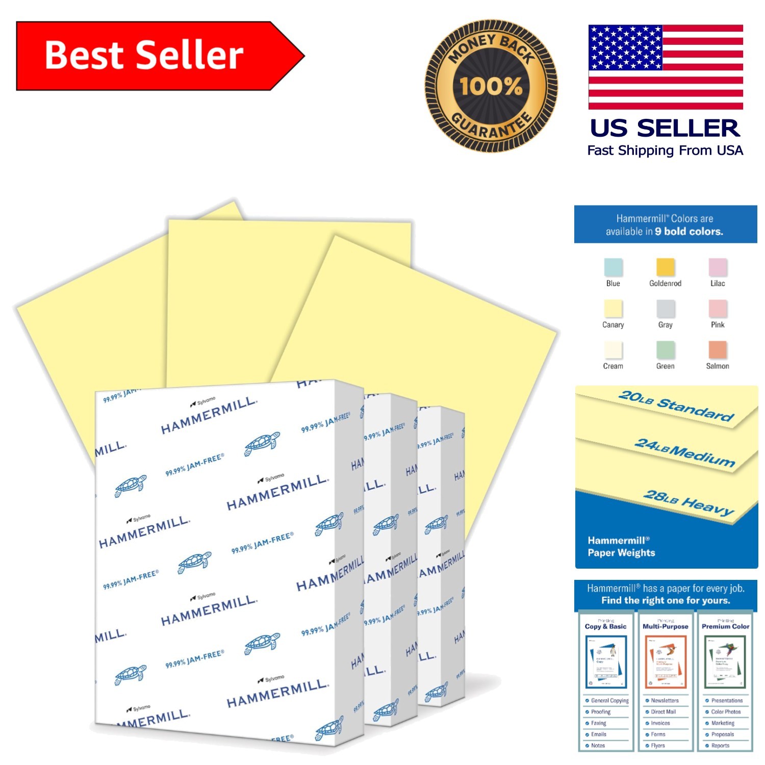 Vibrant 20 lb Colored Paper – 8.5×11, 3 Reams, 1500 Sheets – Jam-Free Guarantee