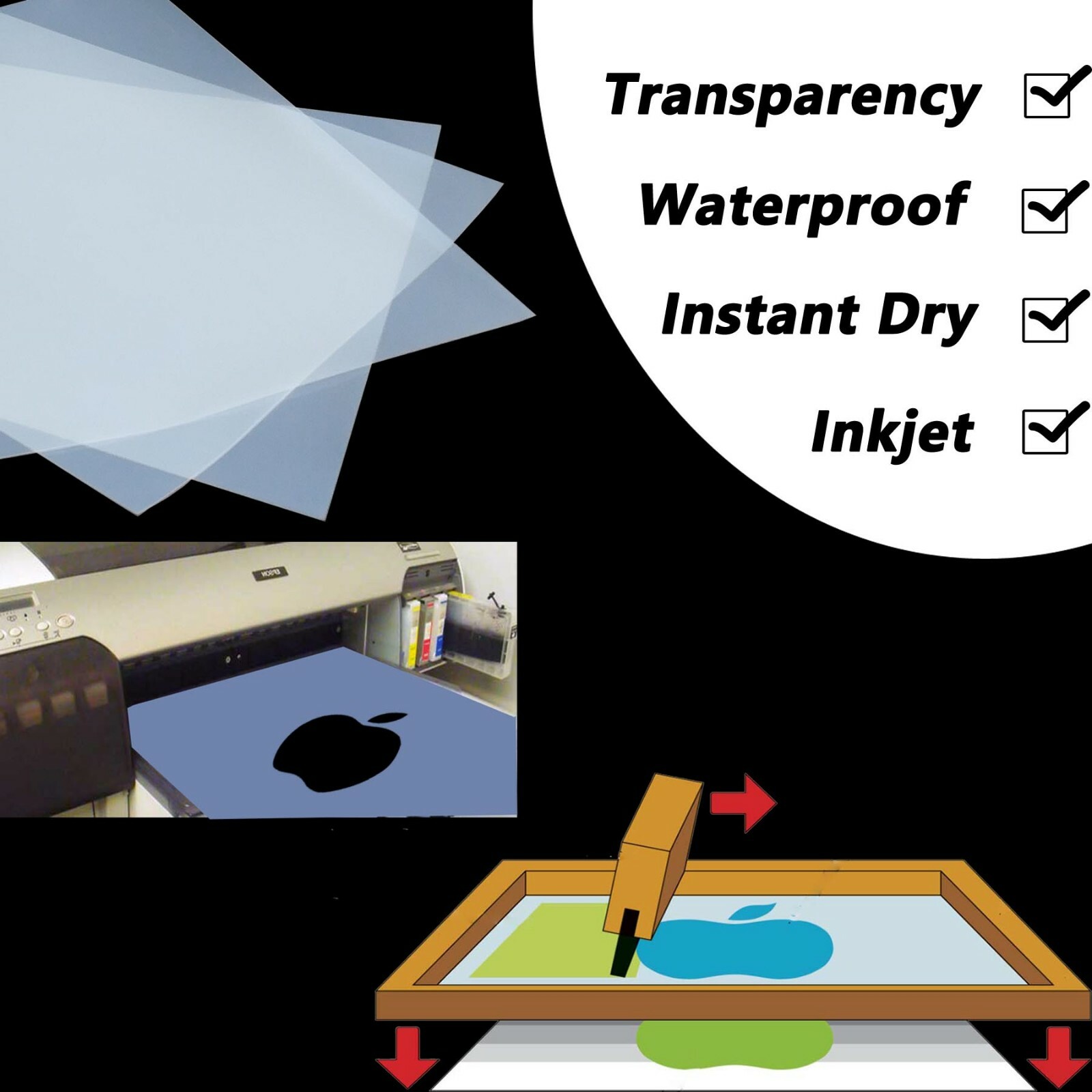 100 sheets，13″x18″，Waterproof Inkjet Milky Transparency Screen Printing Film