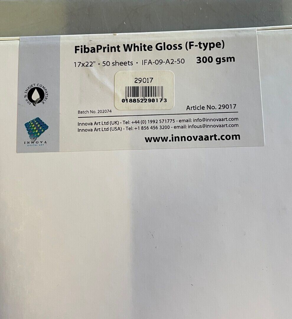 Inkjet Fine Art Paper, Innova FibaPrint White Gloss (F-Type), 17×22″, 50 sheets