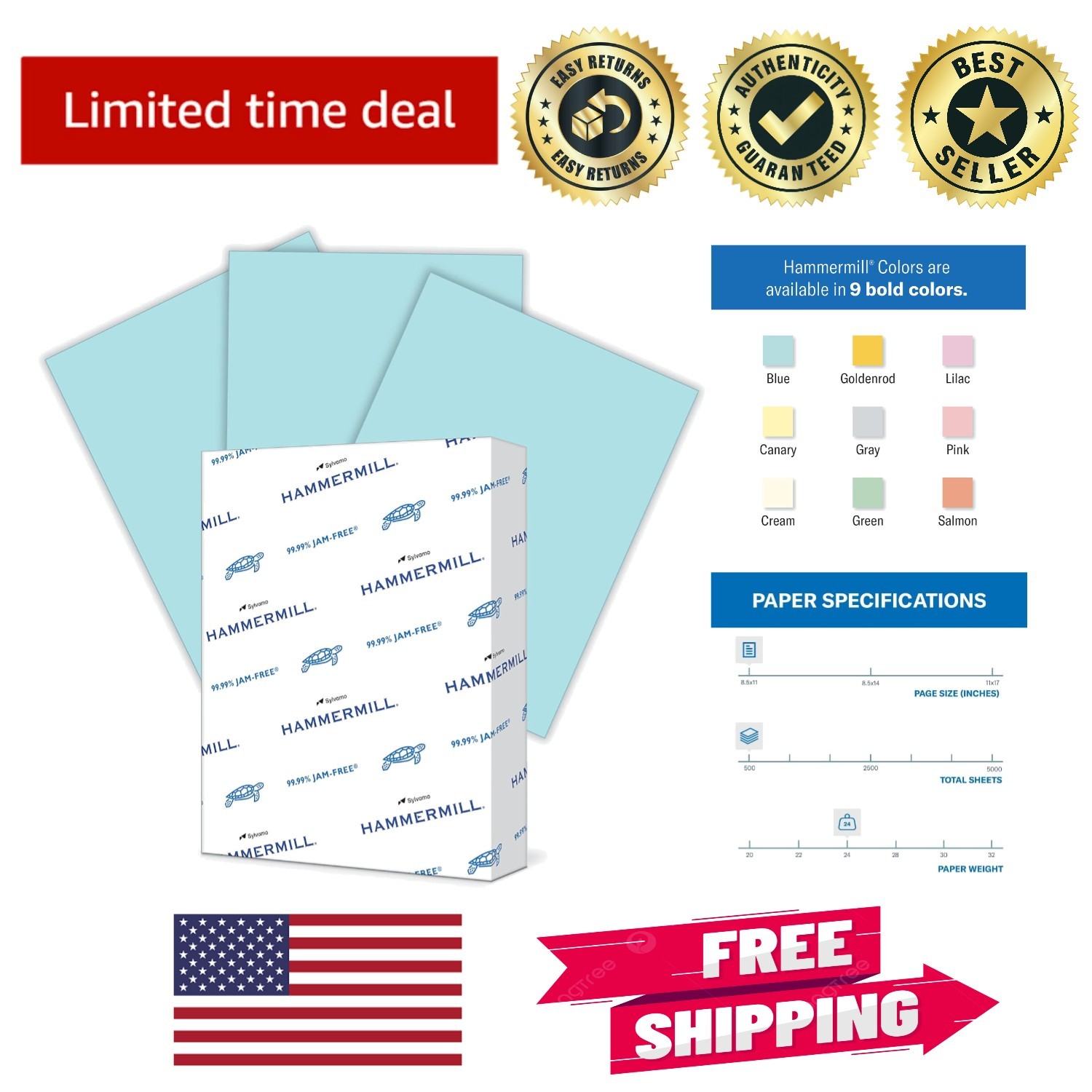 Dependable 24 lb Blue Copy Paper, Smooth Finish, 500 Sheets – Made in USA