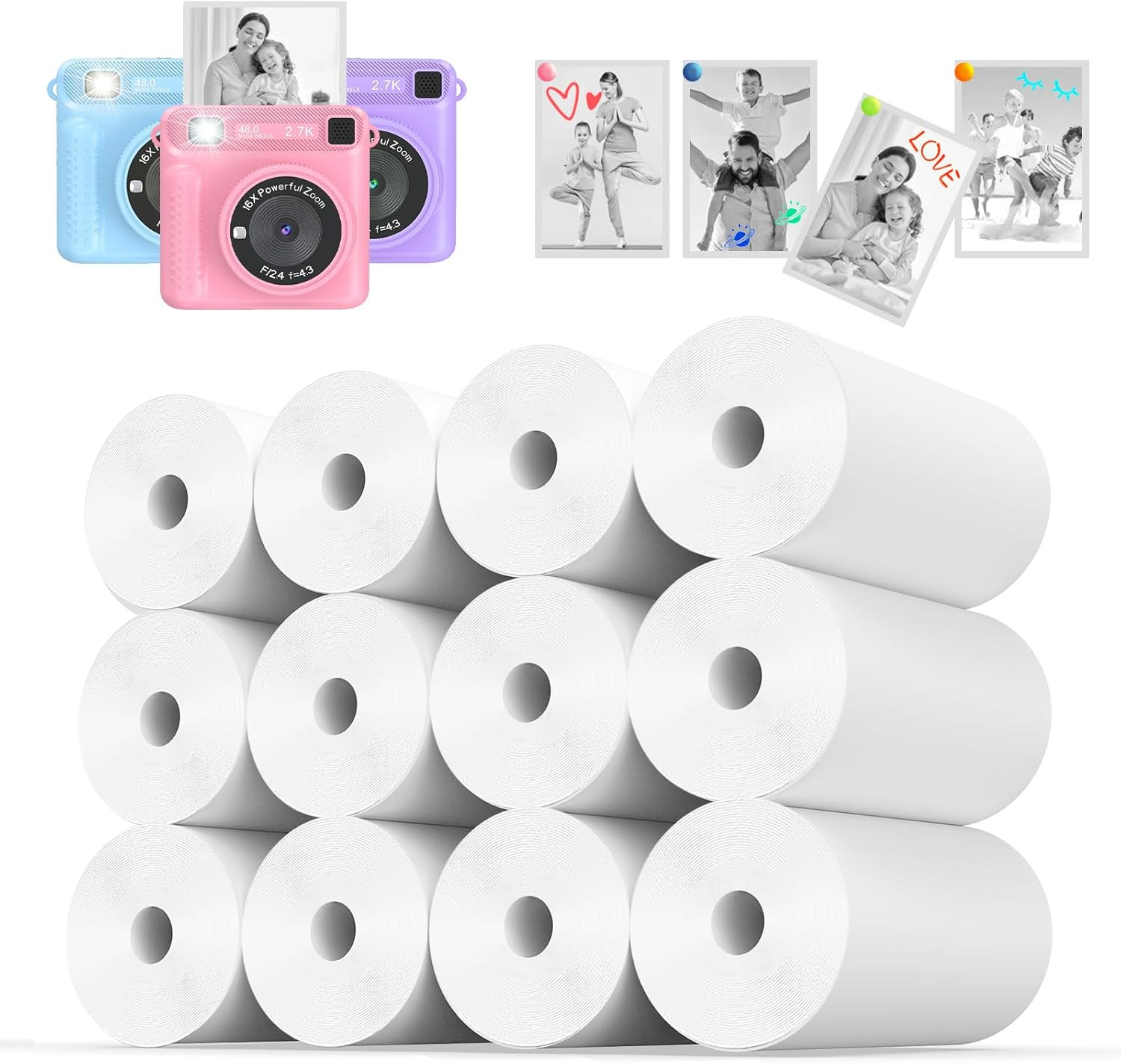 12 Rolls Thermal Paper Refill for Kids Instant Cameras, HD BPA-Free Print Paper,