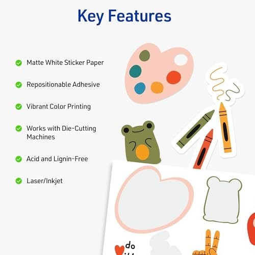 Printable Sticker Paper 8.5″x11″ Matte White, Repositionable Adhesive, 30 Sheets