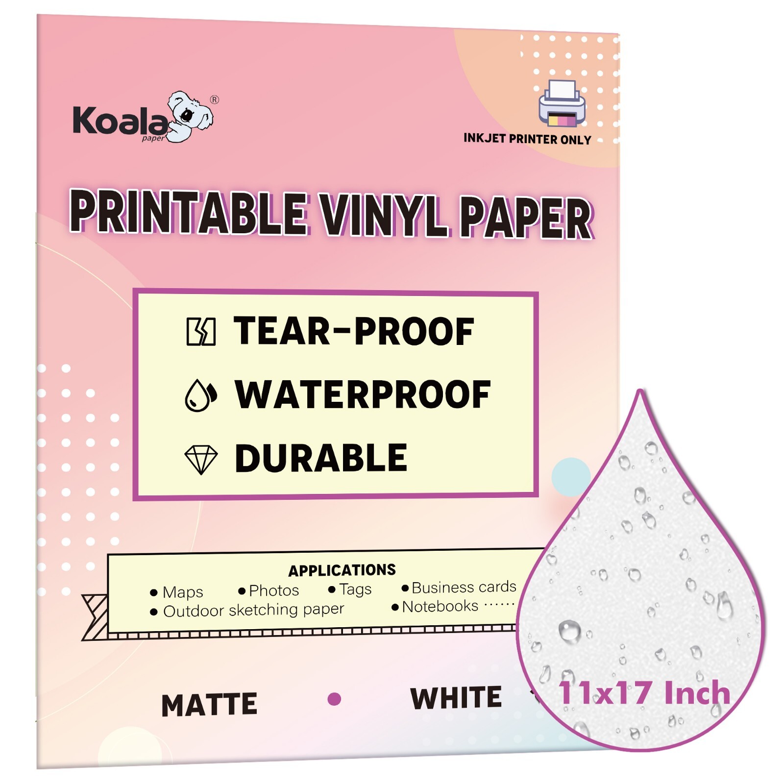 Koala Waterproof Printer Paper 11×17 Matte White Inkjet Printable Vinyl Sheets