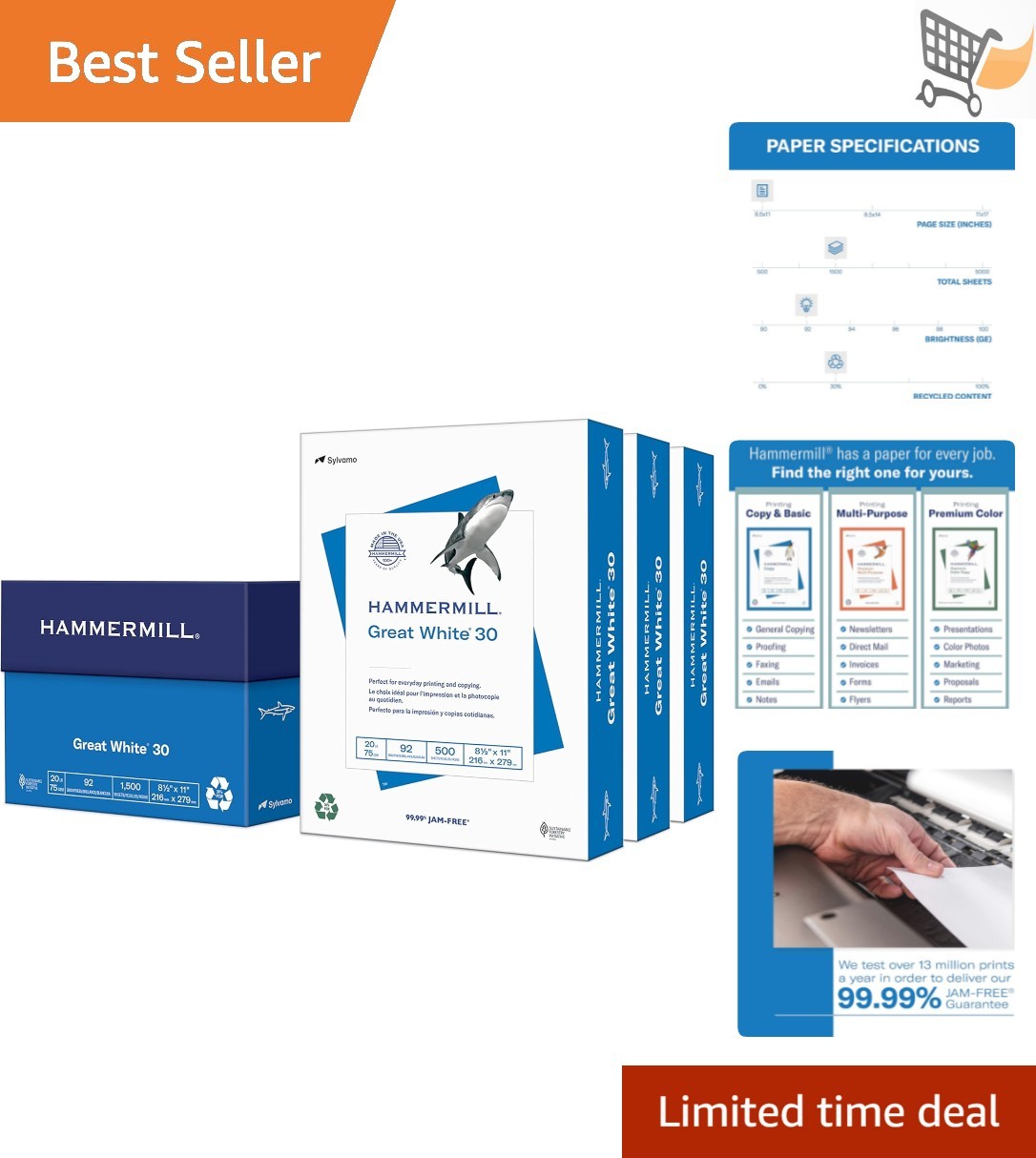 Printer Paper Recycled 8.5×11 30% White 1500 Sheets Smooth Bright Suitable