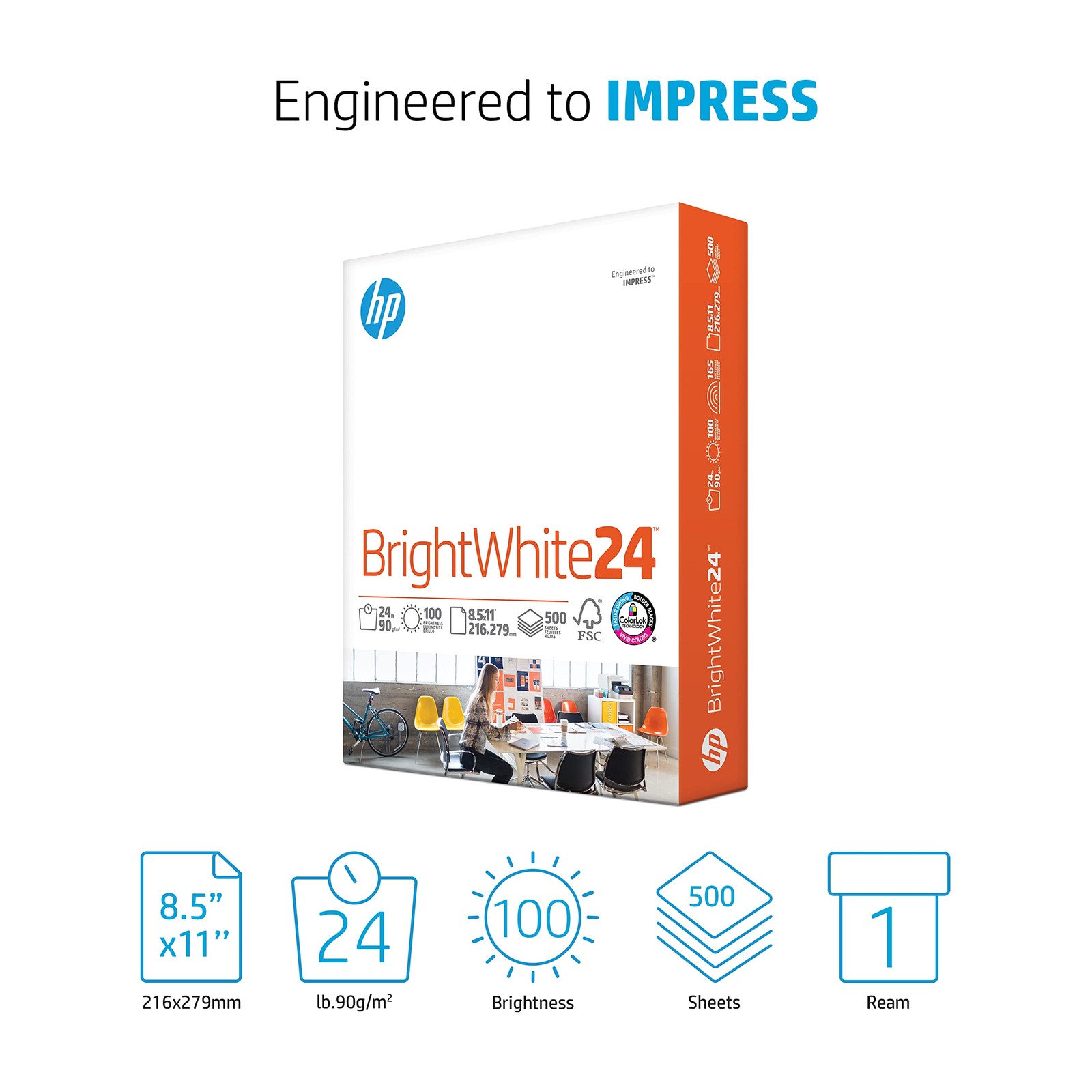 HP BrightWhite Copy Paper 8.5 x 11 in 24 lb 500 Sheets