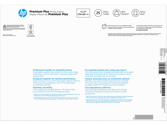 HP Premium Plus Glossy Photo Paper | 25 Sheets | Tabloid | 11 x 17 in | CV065A