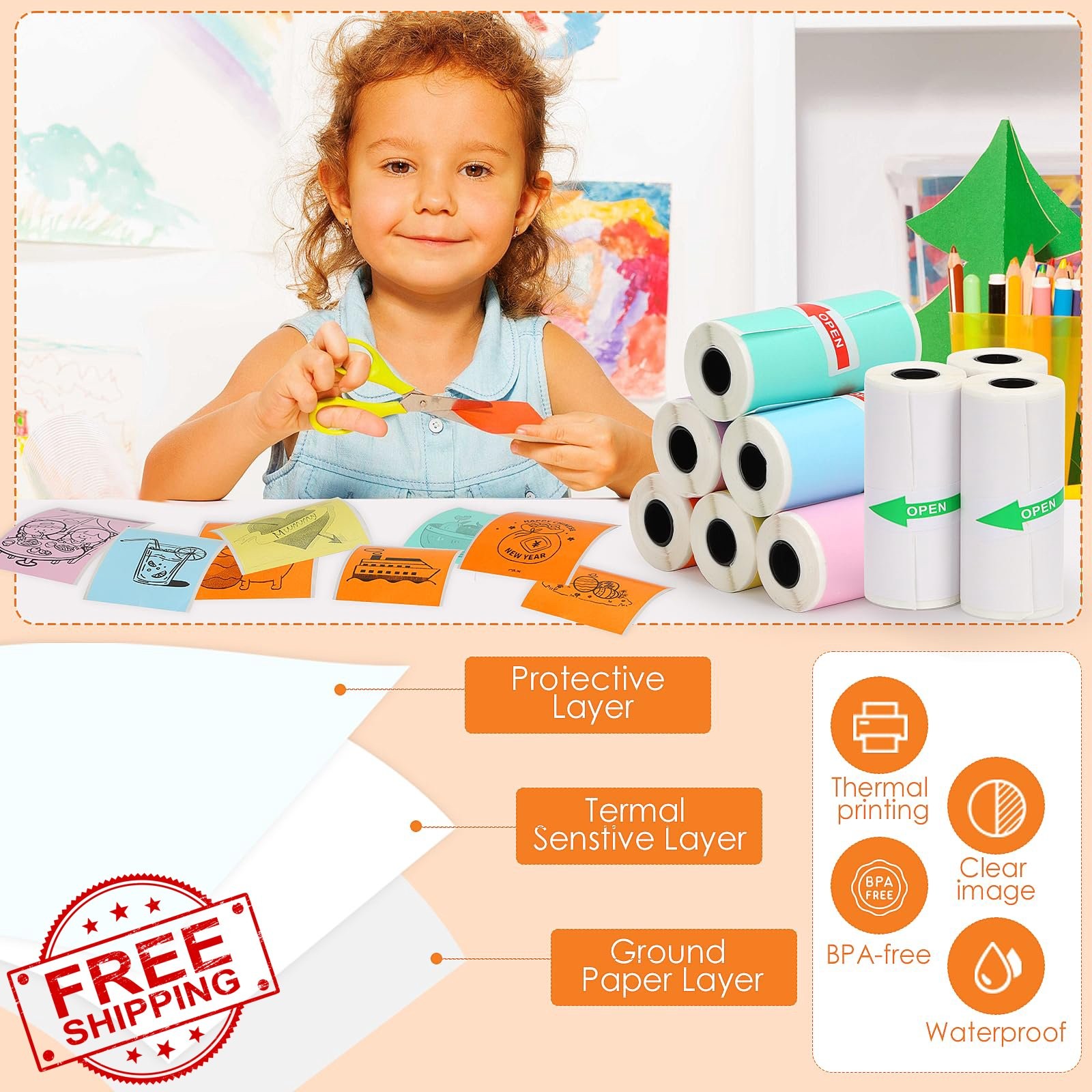 HuiJuKeJi 9 Rolls mini printer paper 57x25mm white/colored