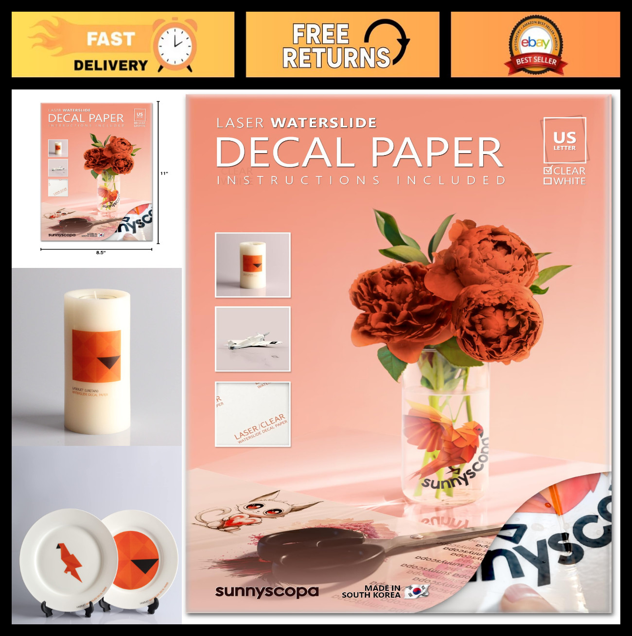 Clear Waterslide Decal Paper for Laser Printers – 100 Sheets, 8.5″x11″, DIY Cust