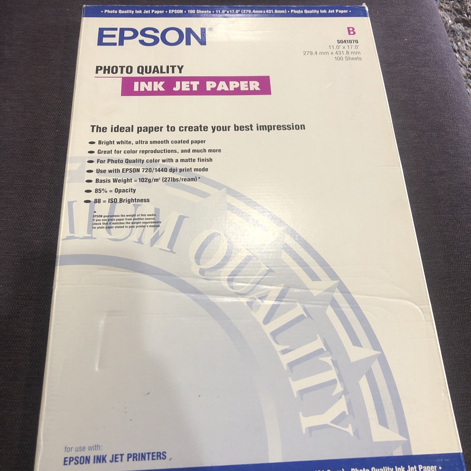Epson Photo Quality Ink Jet Paper 11.0” X 17.0” 100 Sheets Brand New