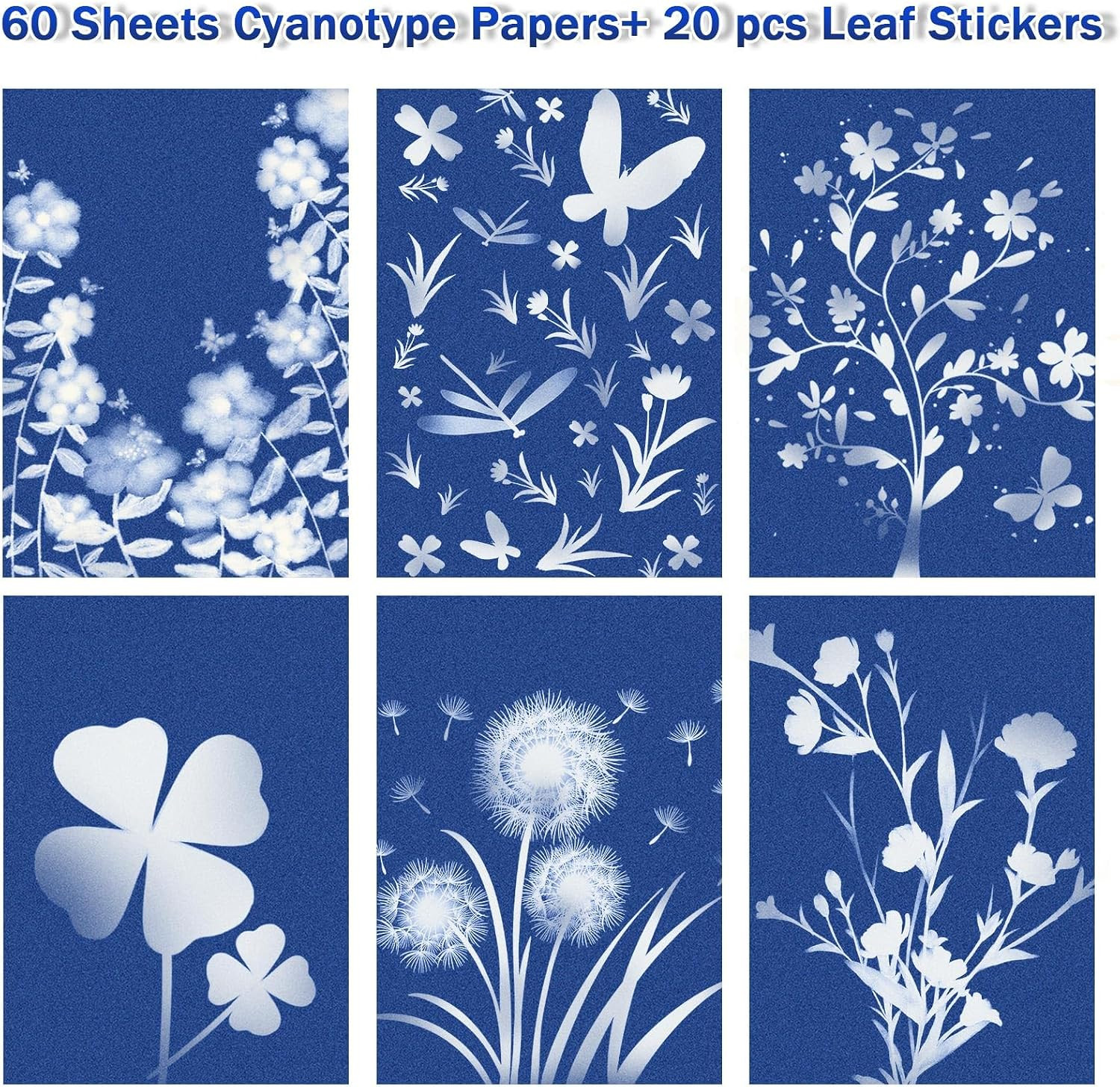 60 PCS Cyanotype Sun Print Kit, A5 Sensitive Solar Art Paper Kit with 20 Pcs Lea