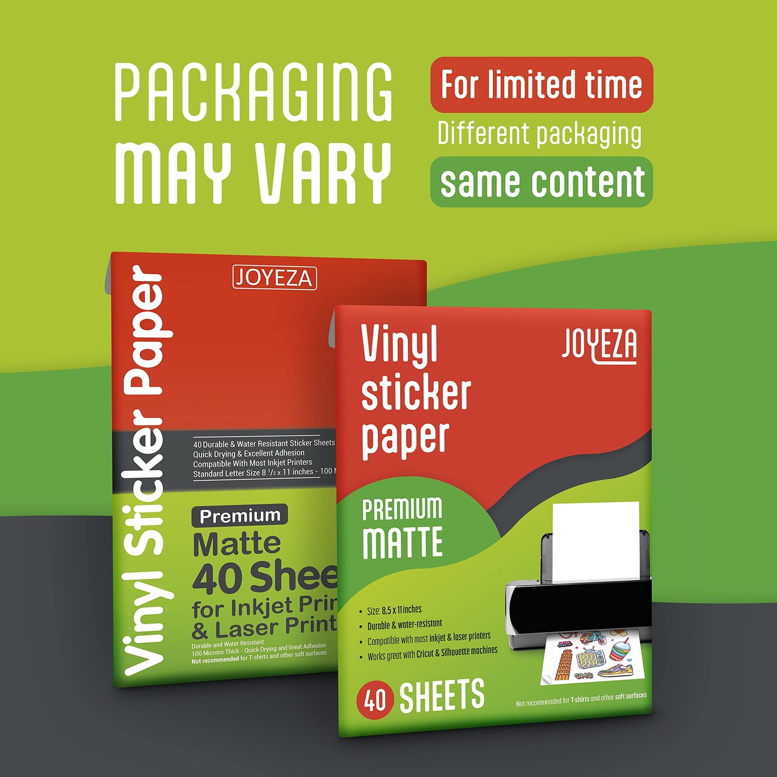 JOYEZA Premium Printable Vinyl Sticker Paper for Inkjet Printer – 40 Sheets M…
