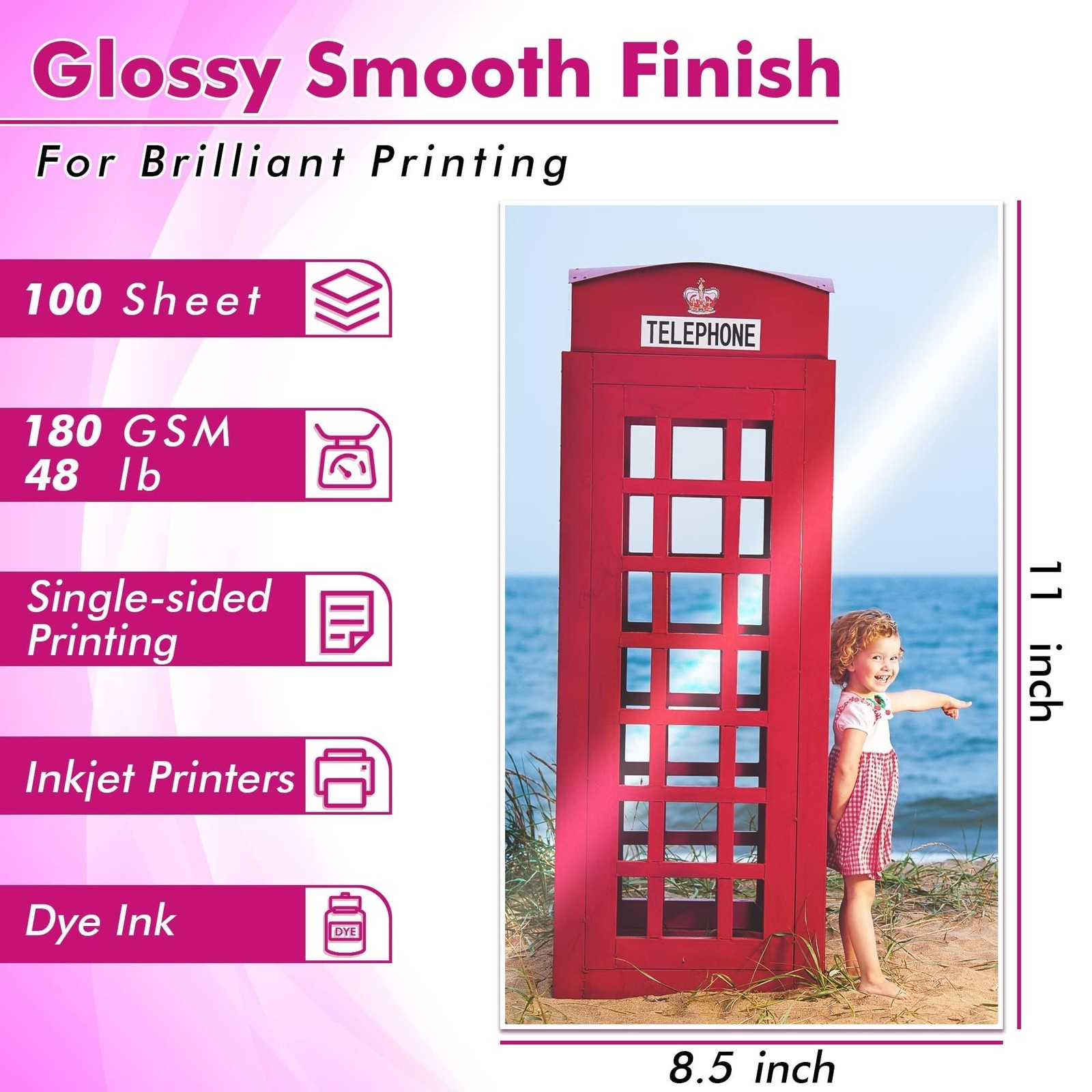 100 Sheets Koala 8.5×11 Inch Glossy Photographic Paper 48LB Inkjet Dye Ink