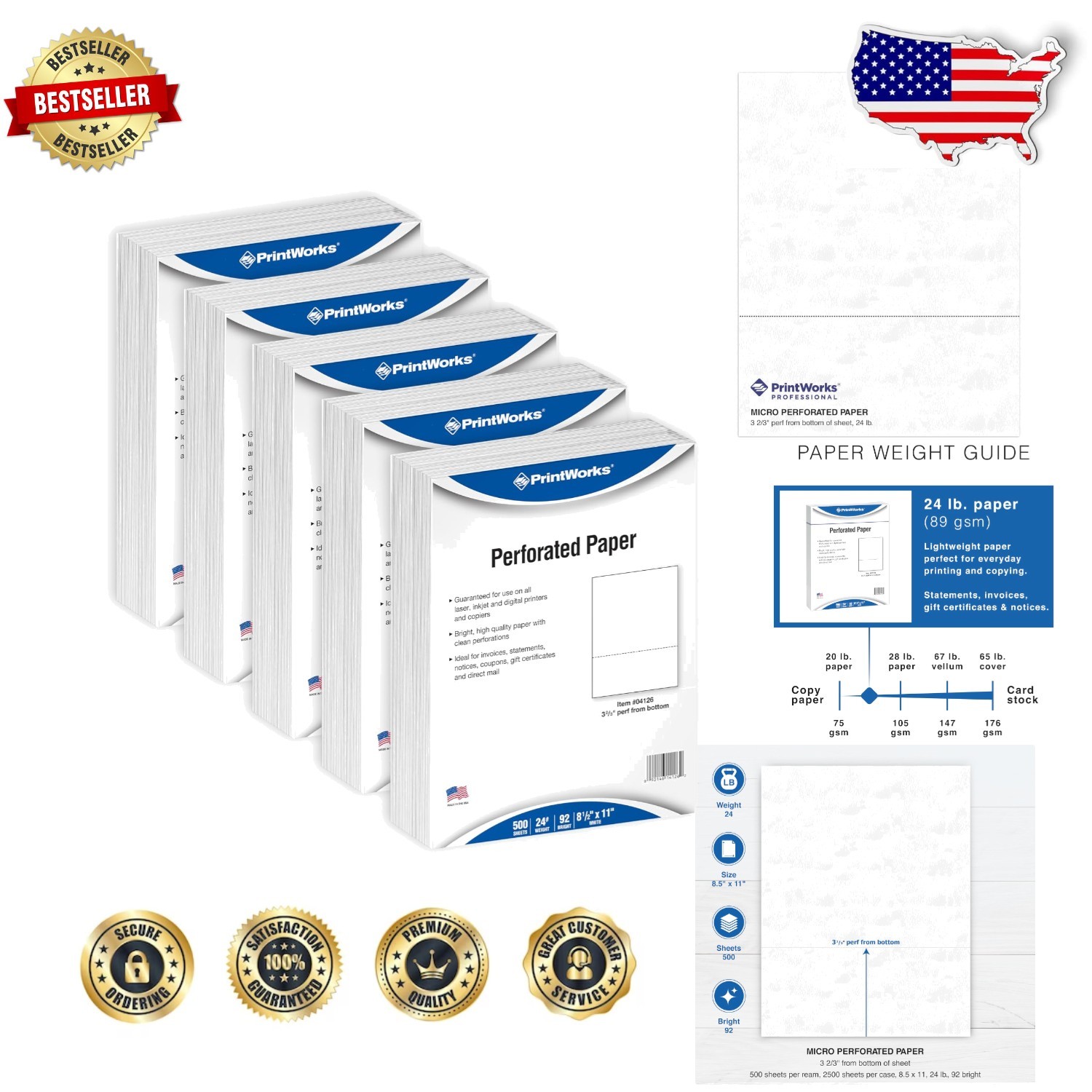 High-Quality Perforated Printer Paper 8.5×11 2500 Sheets 20lb USA Made