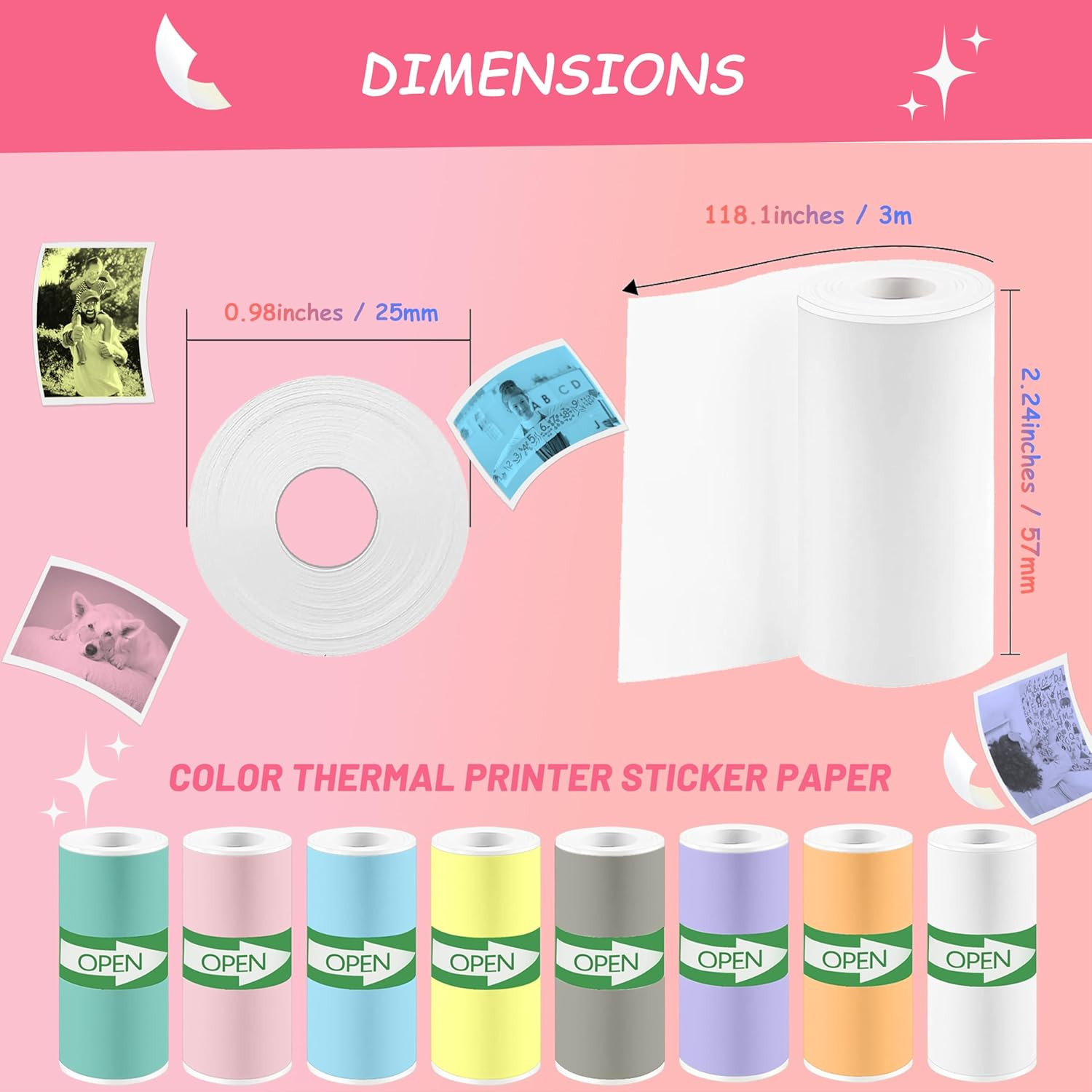 10 Rolls Colorful Mini Thermal Printer Sticker Paper, 57x25mm, High-Contrast Sti