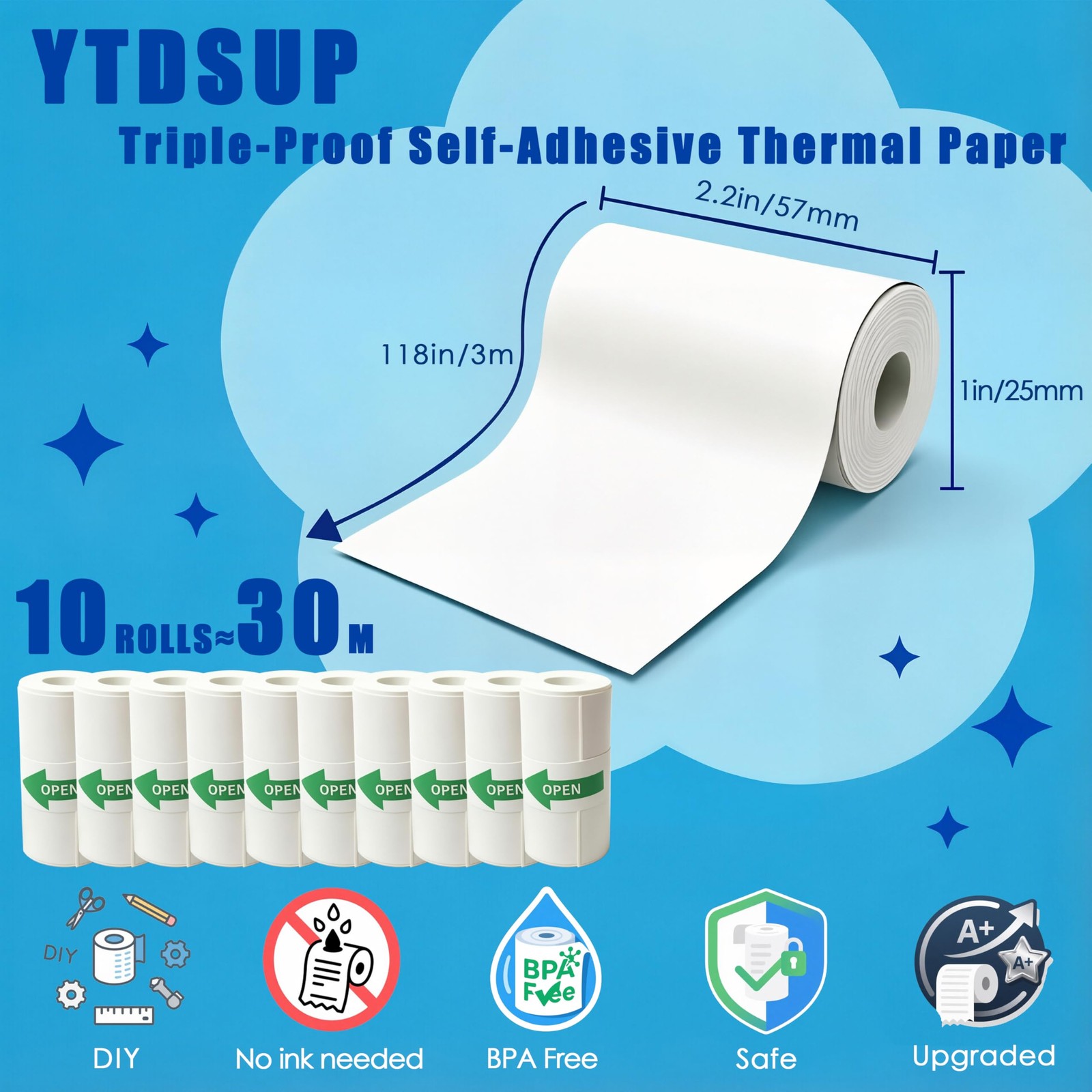 10 Rolls Mini Thermal Printer Sticker Papers 57X25mm Triple-Proof -Adhesive T…