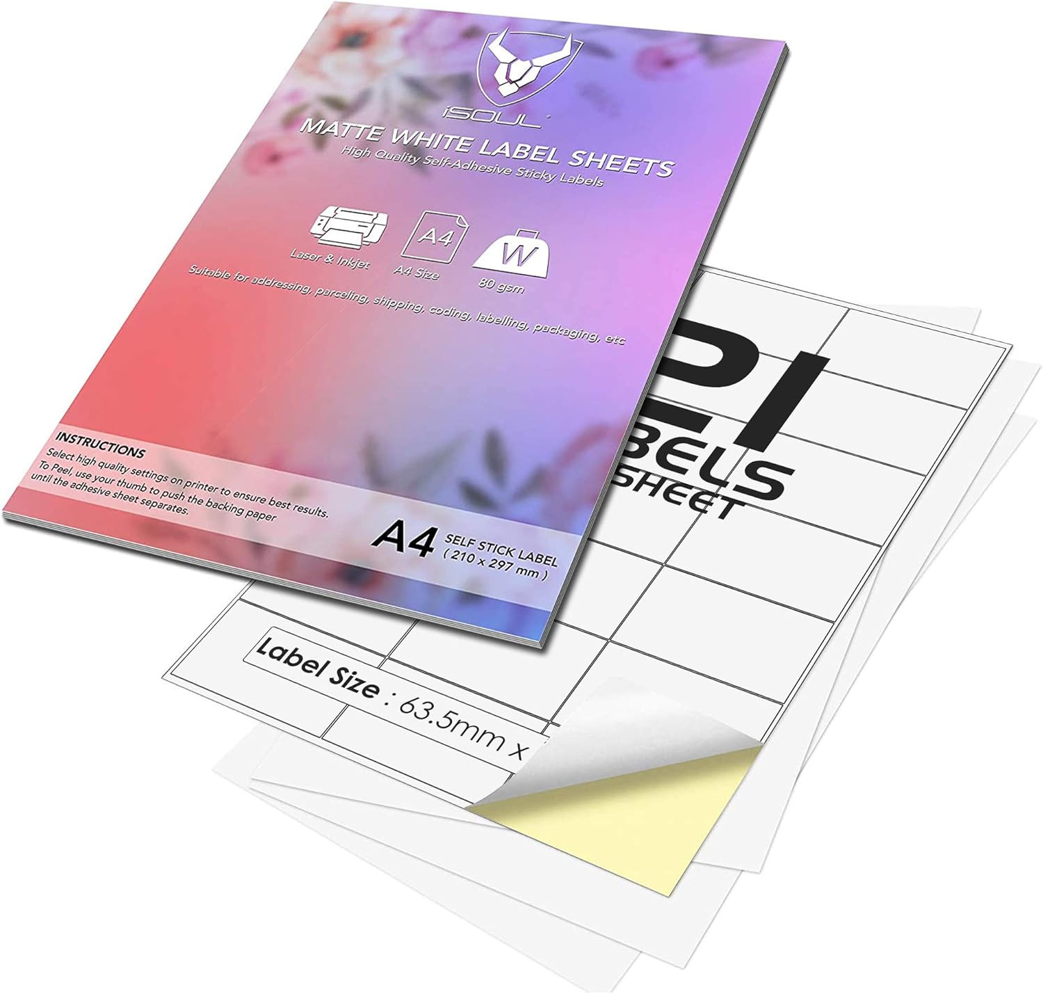 21 Labels per A4 Sheet, 50 Sheets 1050 Sticky Label, Printable Sticker Paper, M