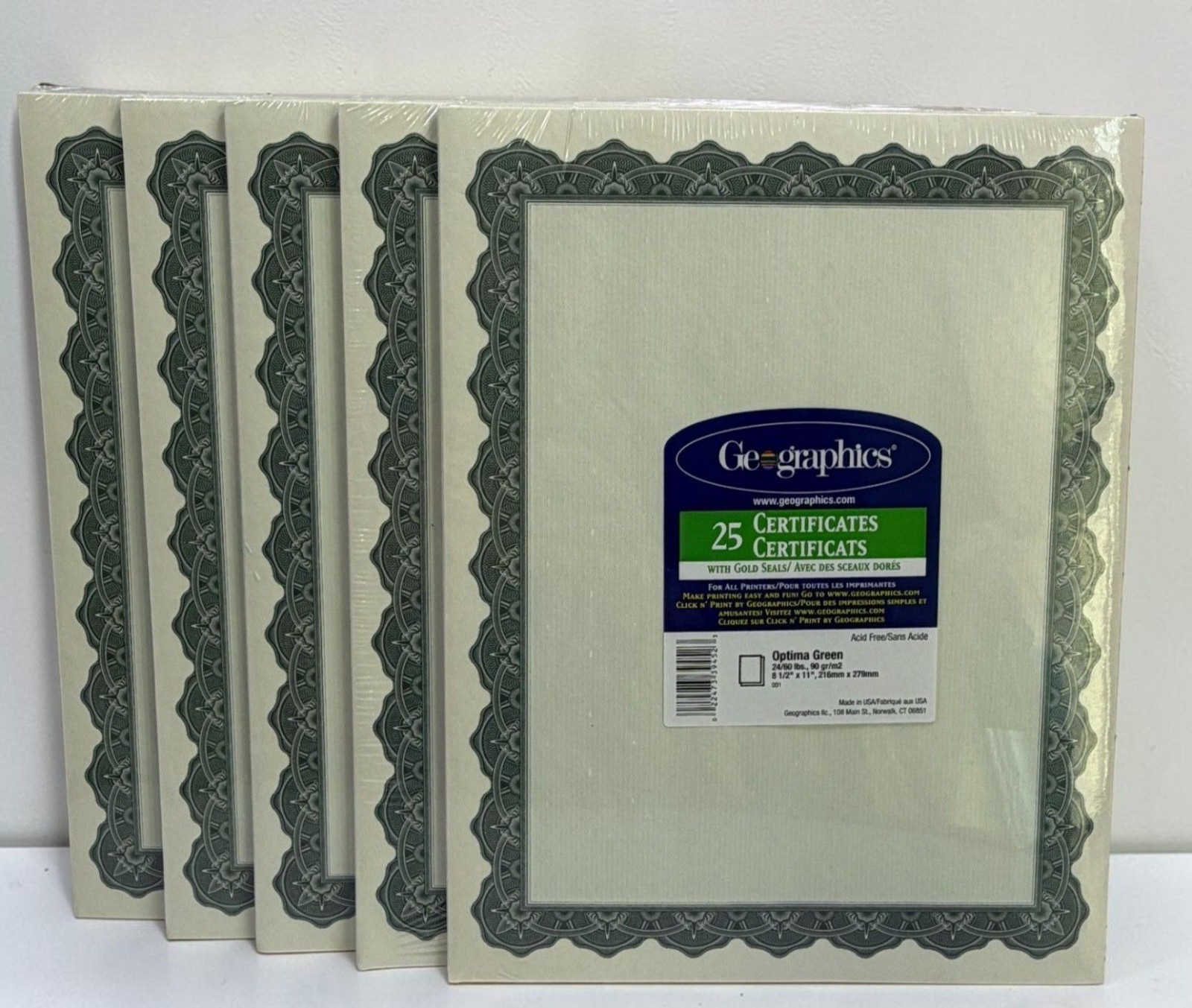 Geographics Certificates Lot of 5 Packs Optima Green + Gold Seals 25 Each Pack