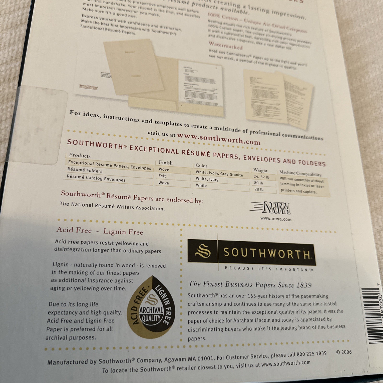 Southworth Company EXCEPTIONAL Resume Paper WATERMARKED 100 Sheets New Sealed