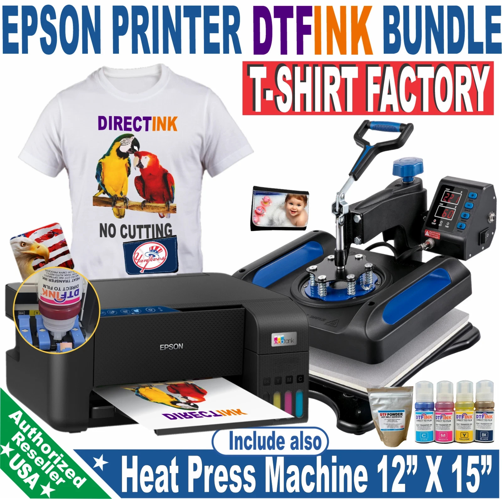 Epson Printer with DTF ink plus Heat Press 12″x15″ T-Shirt Maker Bundle/