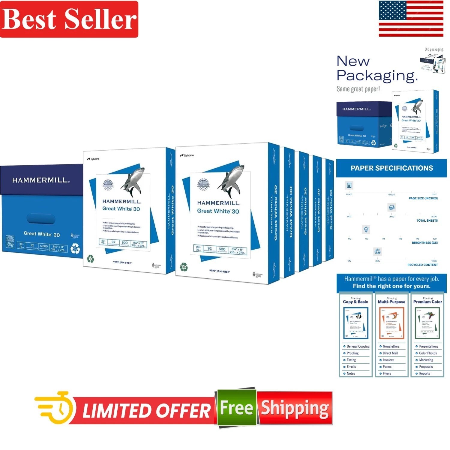 Printer Paper 8.5×11 Recycled Copy Paper 10 Ream 5000 Sheets 92 Bright