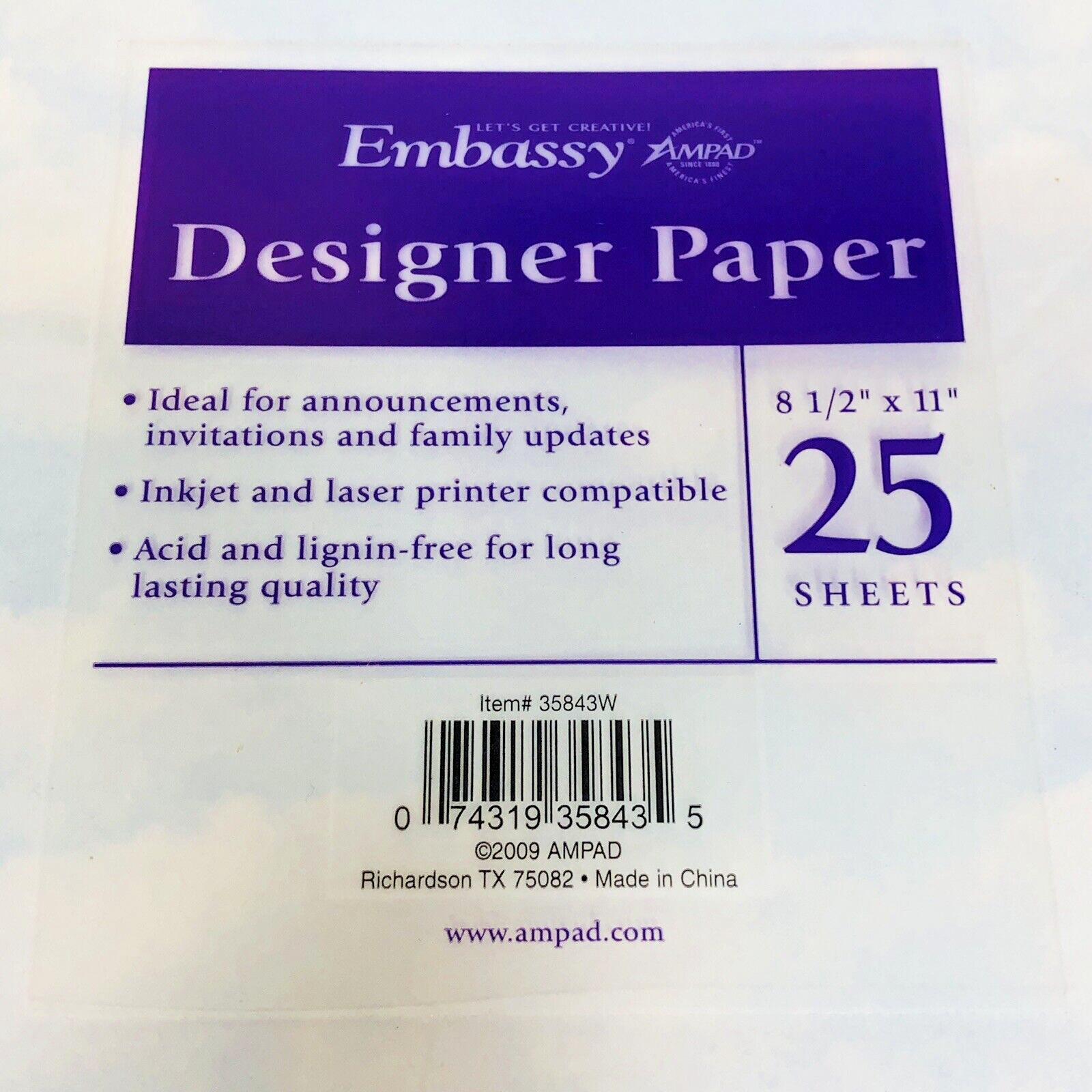 Embassy Designer Printer Paper 25 Sheets 8.5×11 Inkjet Laser Drawing 2 Pack NEW