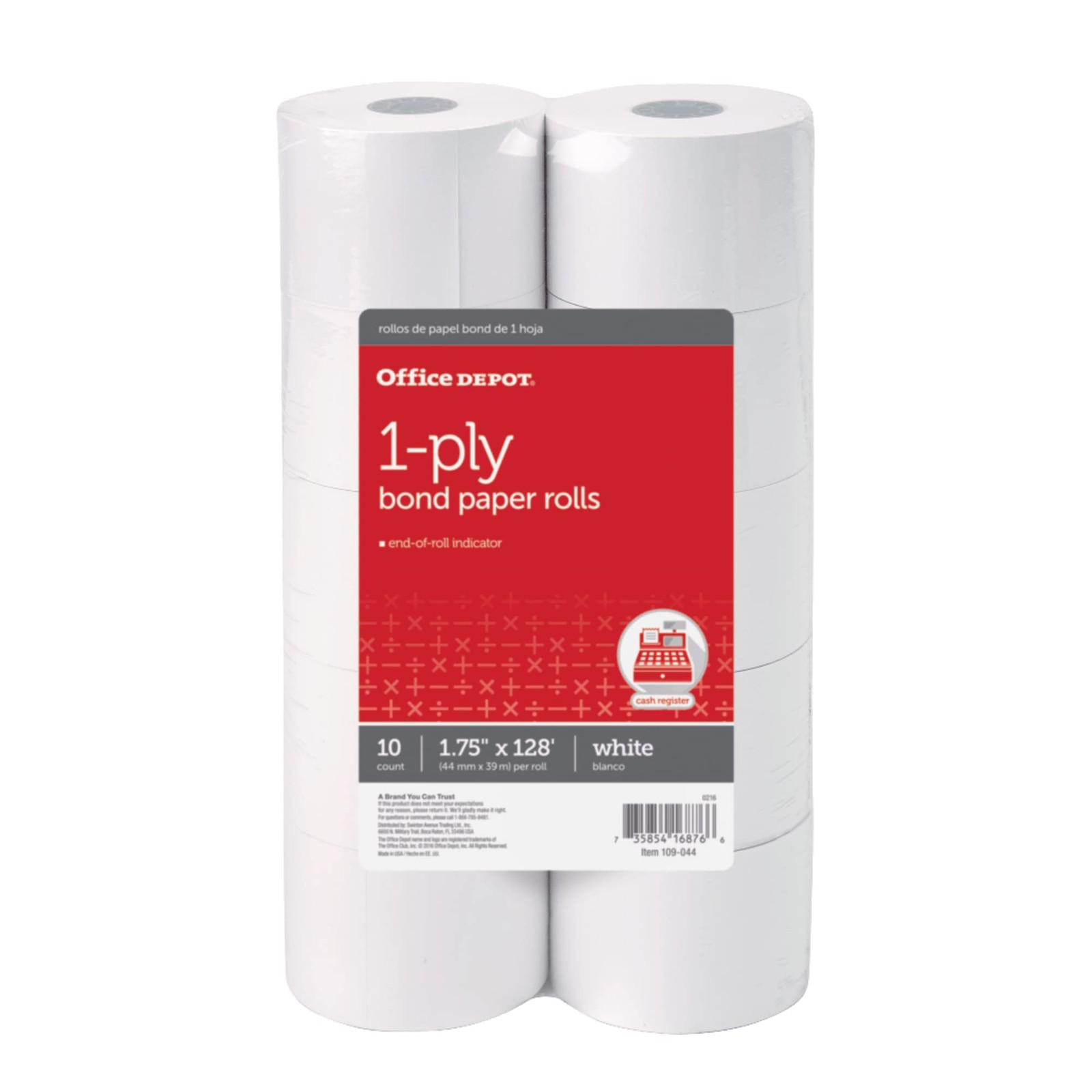 Office Depot 1-Ply Paper Rolls, 1 3/4in. x 128ft., White, Pack Of True, White