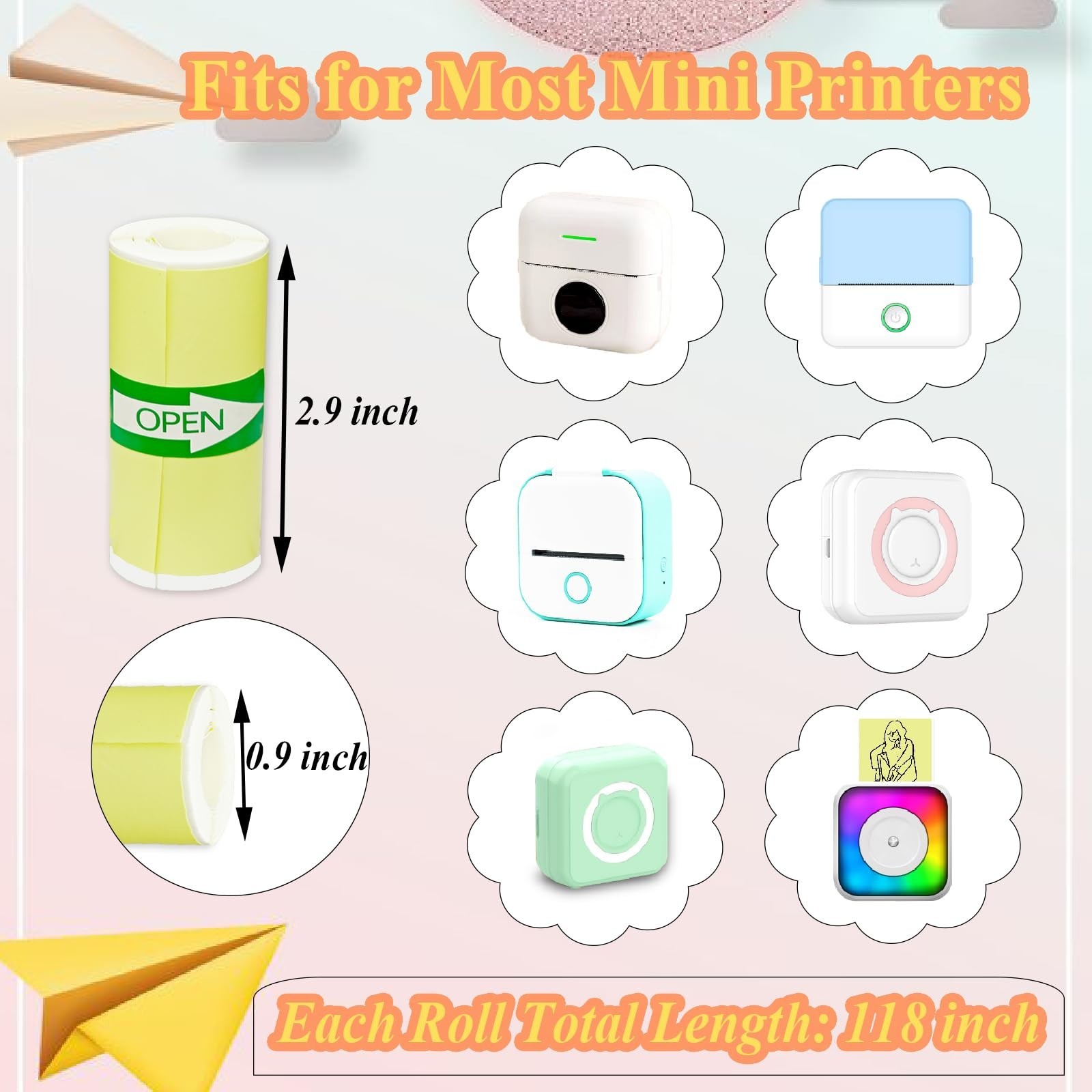 16 Rolls Self-Adhesive Mini Printer Sticker Paper – 10 White & 6 Colorful Labels