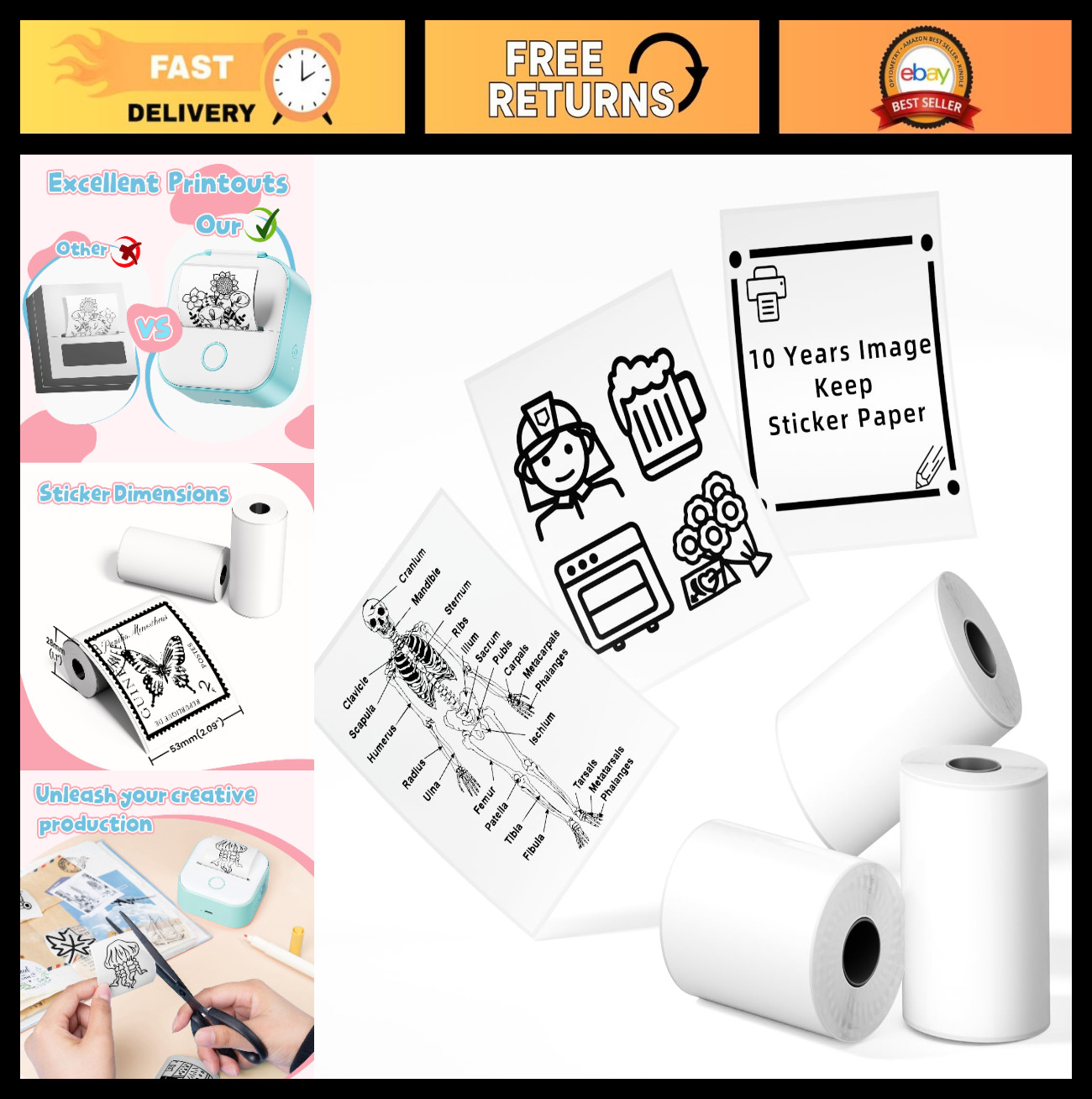 White Sticker Paper for Mini Printers – 3 Rolls, 50mm x 3.5m, DIY, Photos, Notes