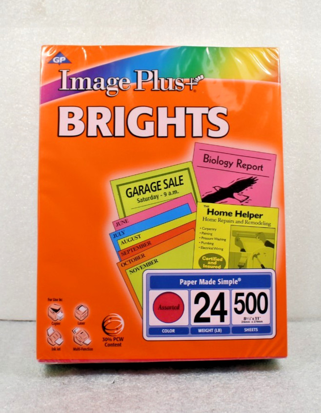 Printer Paper 8.5 x 11 Brights Colored Asstd Colors 500 Sheets 24 Lb Image Plus