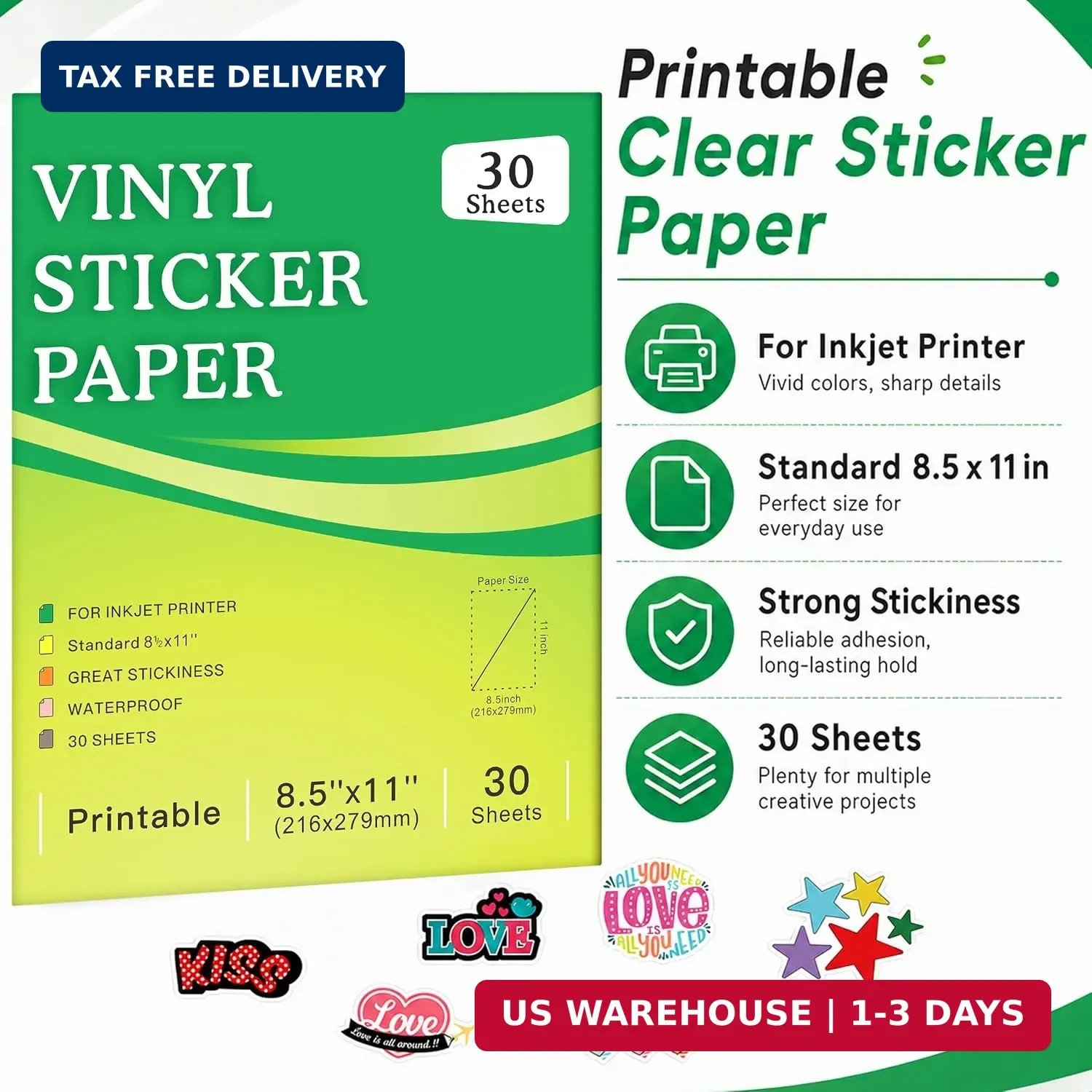 30 Sheets Printable Clear Sticker Paper for Inkjet Printer, Premium Vinyl