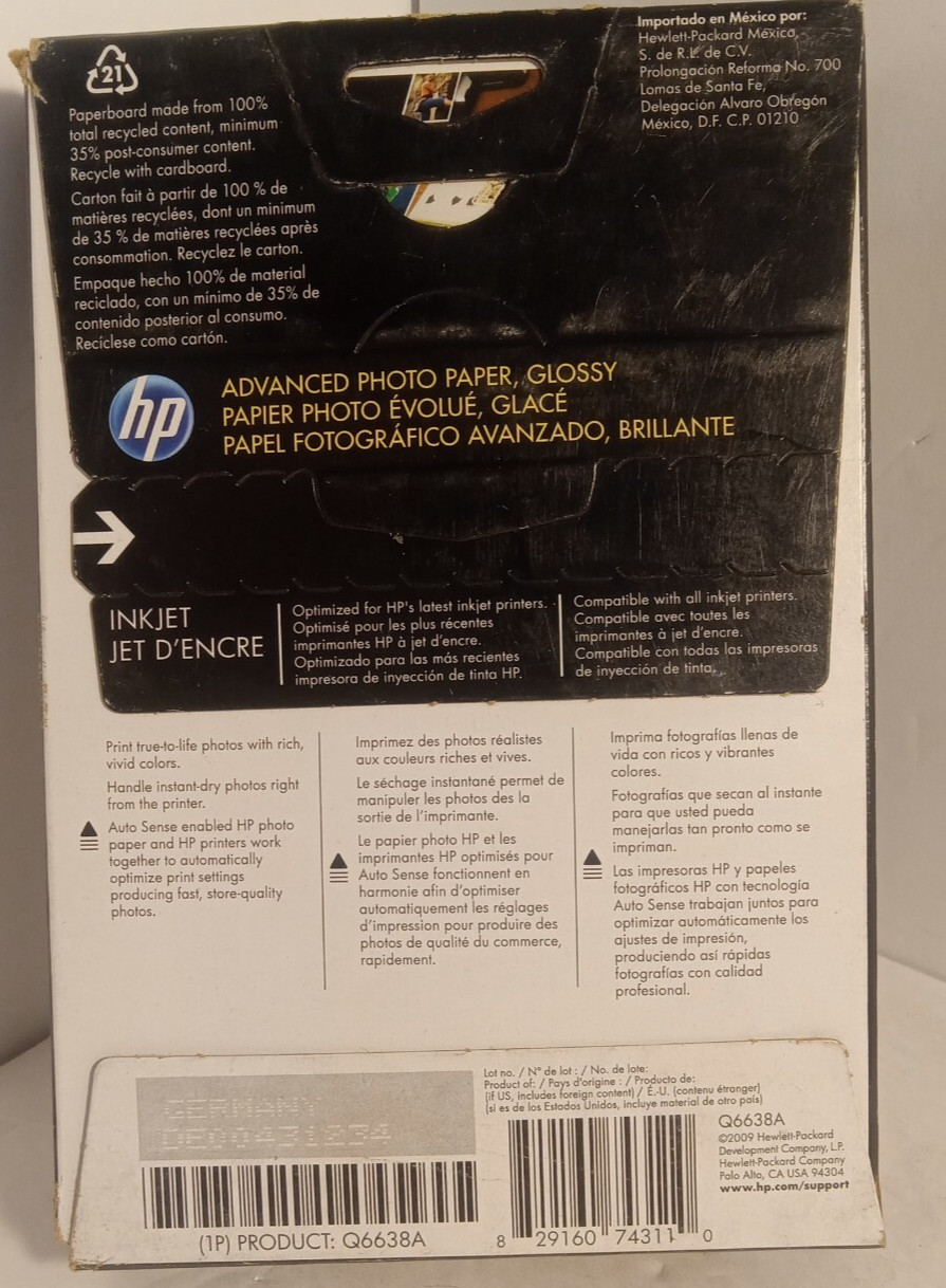 Hp Advanced Photo Paper Glossy Hewlett Packard (Q6638A) 4 x 6, 100 Sheets NEW!!!