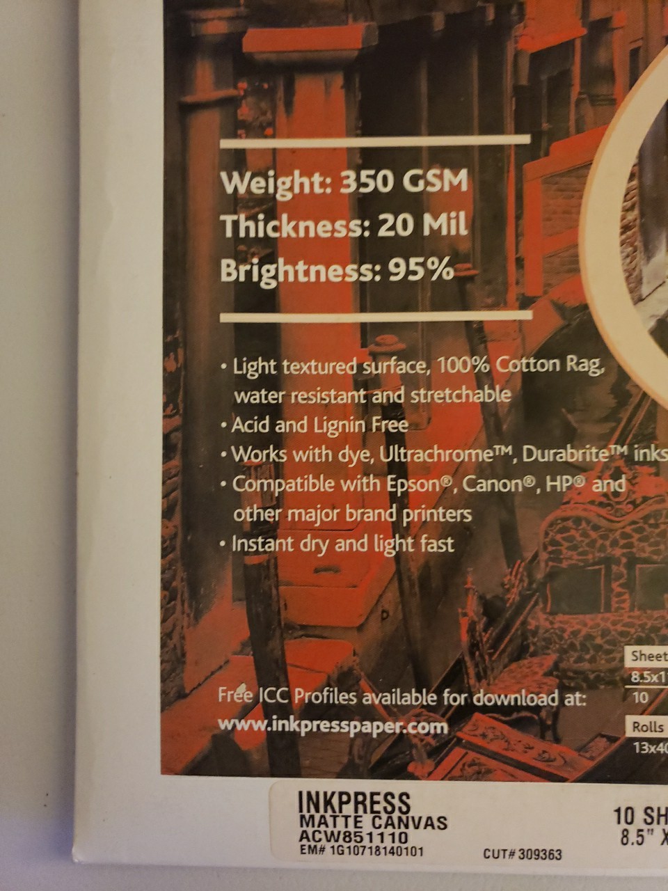 Inkpress Matte Canvas Photo Paper 8.5″ X 11.5″ 10 Sheets, ACW851110 New Sealed