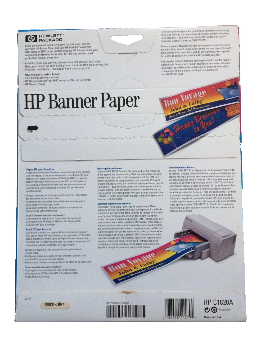 HP Banner Paper for Inkjet Printers – 15 5′ banners – 24 lb C1820A NEW