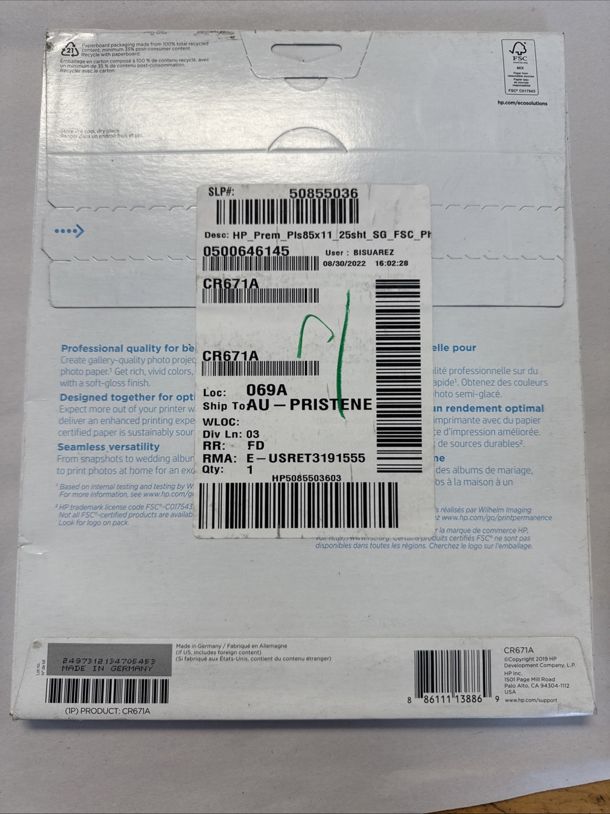 HP Premium Plus Photo Paper 8.5×11 Soft Gloss 25 Sheet Sealed Original Packaging