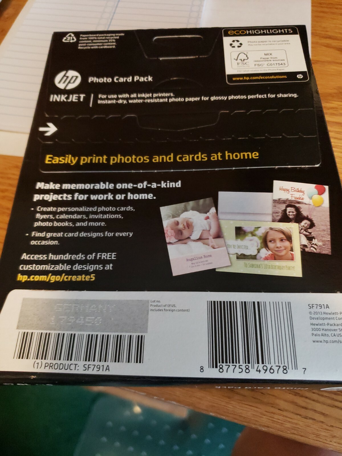 5 × HP Photo Card Kit SF791A for Inkjet Printers 10 Sheets of 5×7″ w / Envelopes