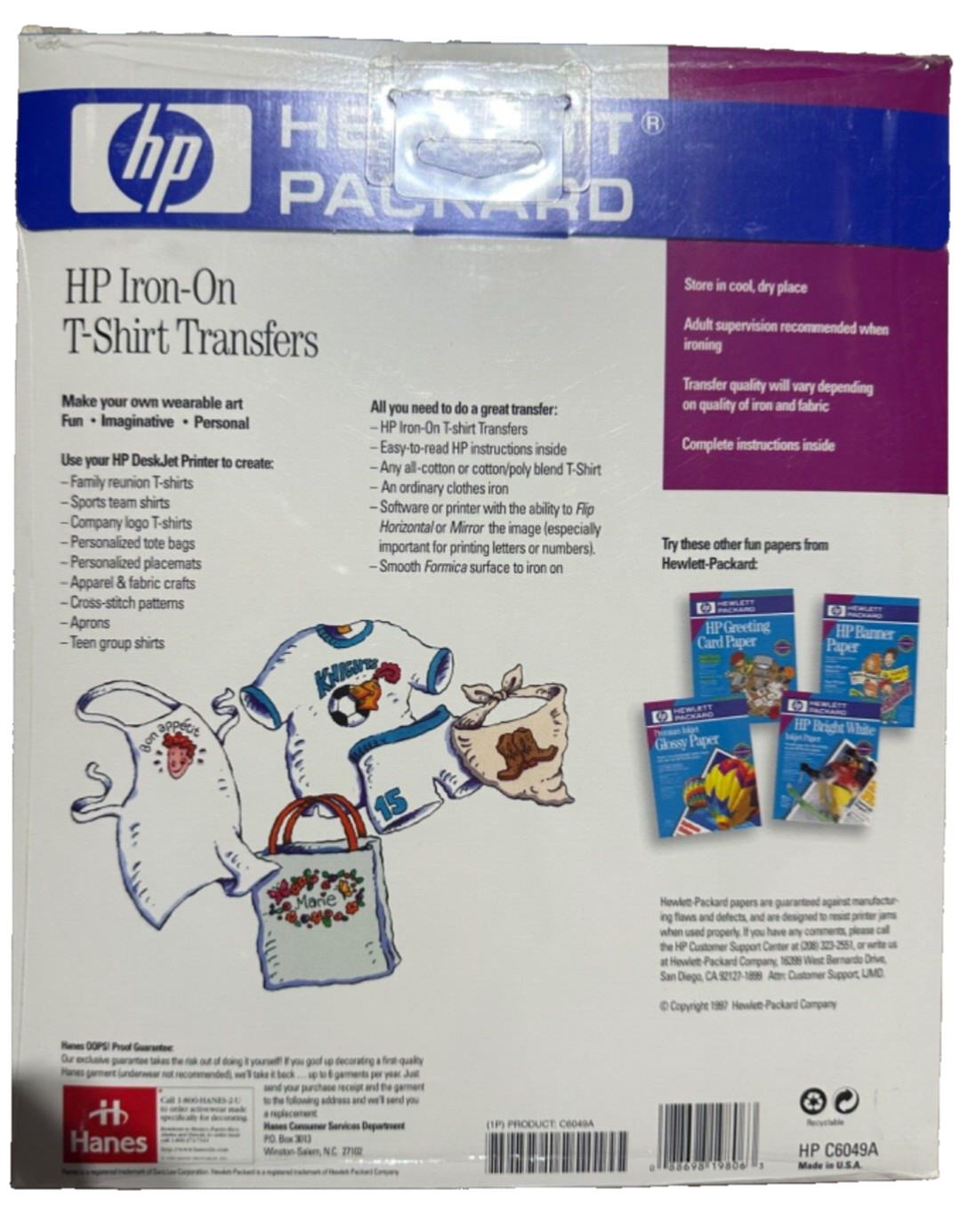 Hewlett Packard Iron-On T-Shirt Transfers 18 Sheets New