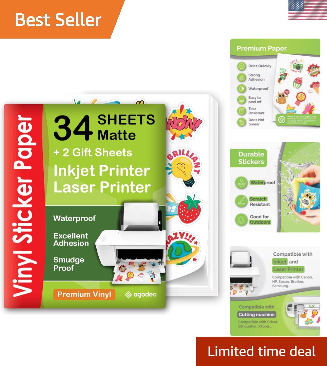 Printable Vinyl Sticker Paper for Inkjet Printer – 34 Sheets Self-Adhesive Sh…