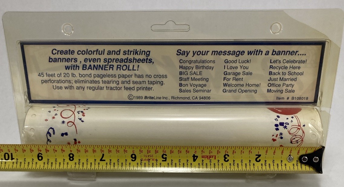 Vintage Briteline Pageless Paper 45′ Banner Spreadsheet Roll 1989