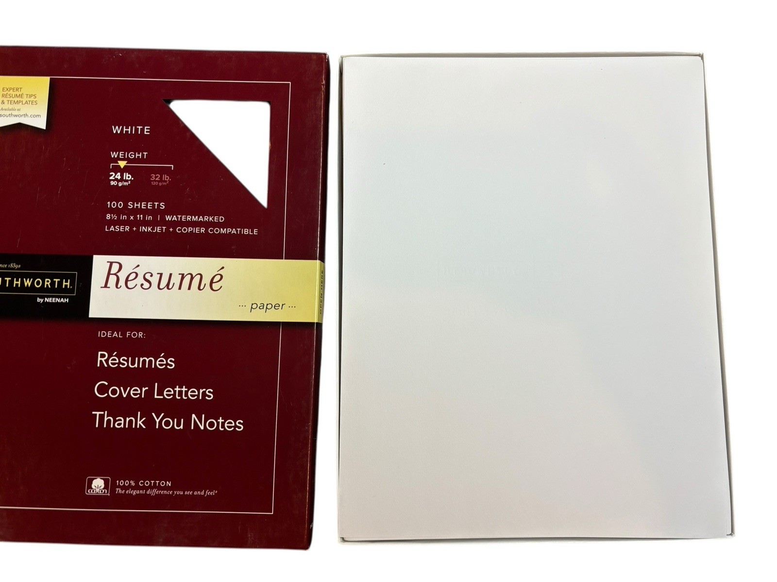 Southworth 100% Cotton 24 lb White Resumé Paper 8.5″ x 11″ Watermarked 90 Sheets