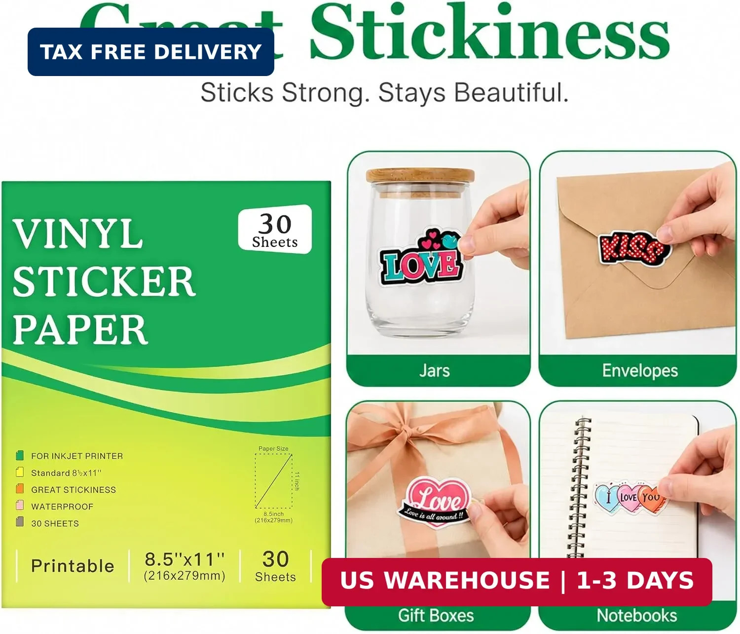 30 Sheets Printable Clear Sticker Paper for Inkjet Printer, Premium Vinyl