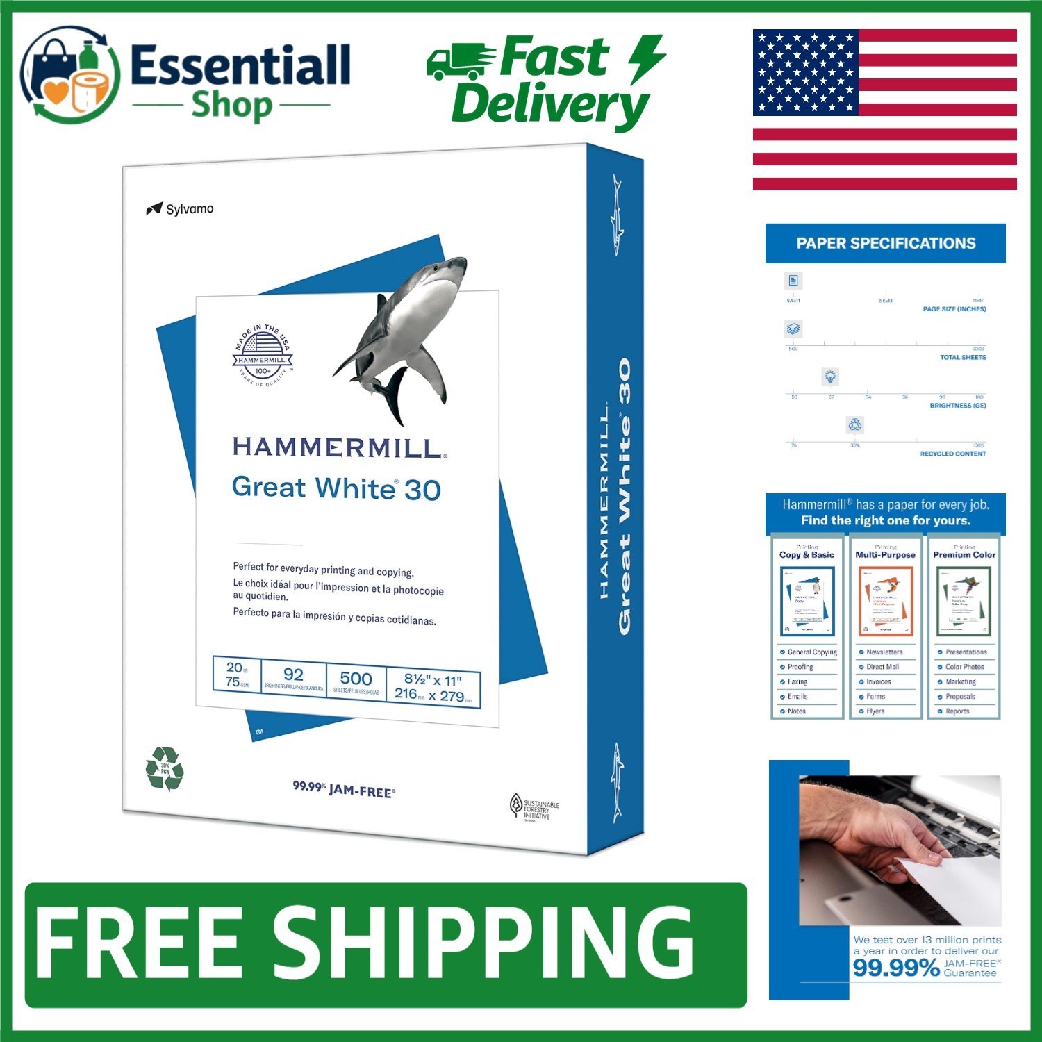 Versatile Great White 30% Recycled Copy Paper – 8.5×11, 500 Sheets, 92 Bright