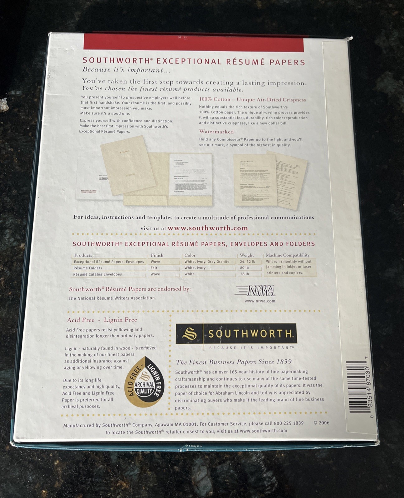 Southworth Connoisseur Collection Exceptional Resume Ivory Paper 100% cotton