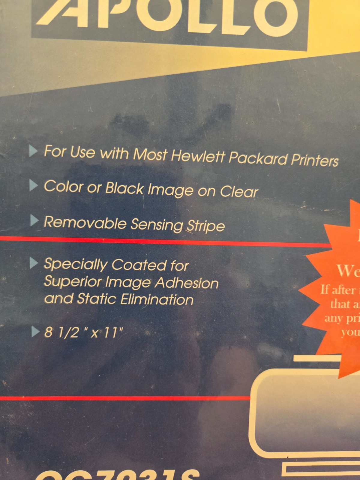 Apollo Ink Jet Transparency Film CG7031S for HP Printers 100 Sheets 8.5×11 Clear